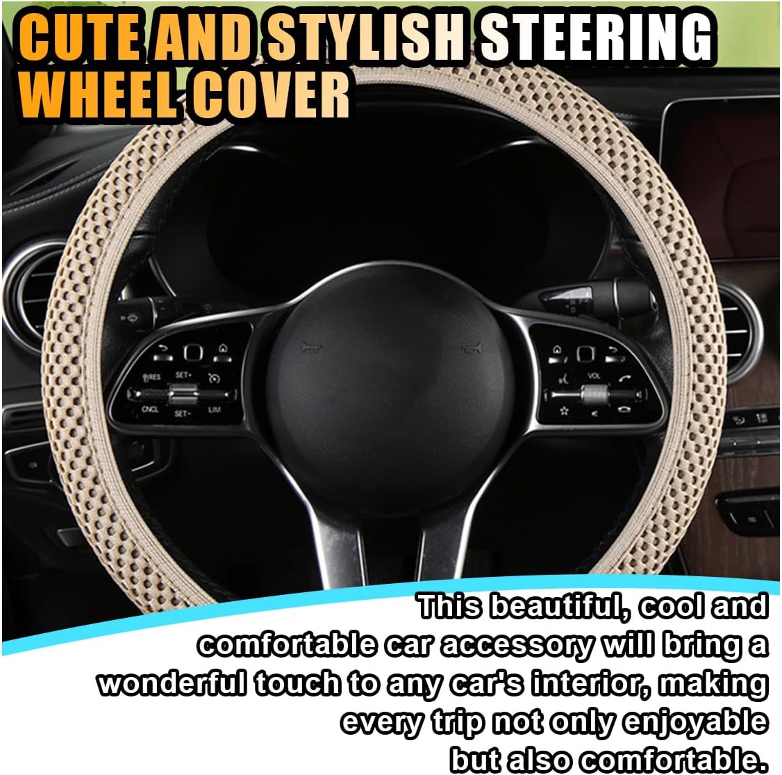 Stretch Elastic Steering Wheel Cover, All-Season Comfort, Warm in Winter & Cool in Summer, Universal 15 Inch Microfiber Breathable Ice Silk, Anti-Slip, Odorless, Easy Carry, Fit Car, SUV (Beige)