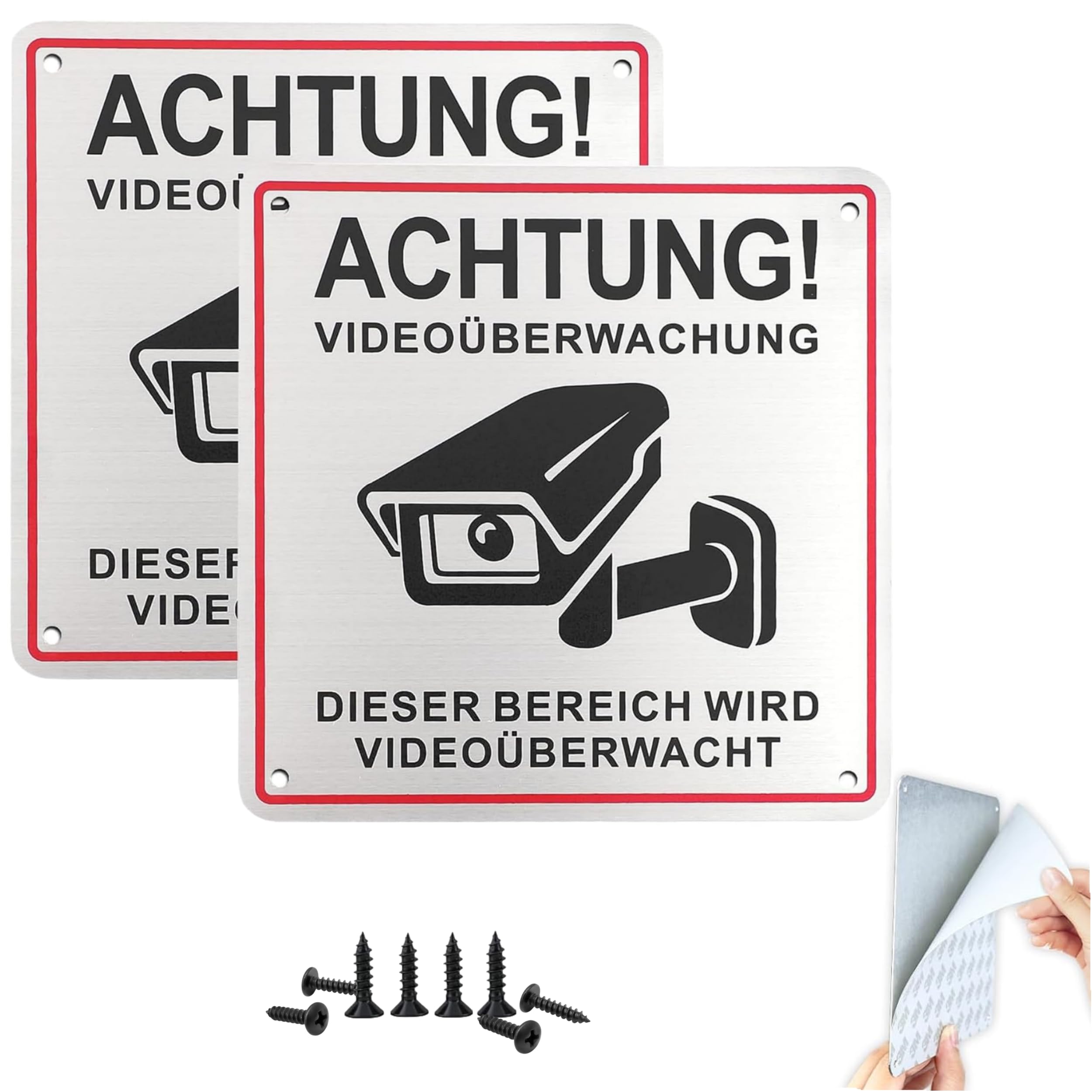 Upifen Videoüberwachung Schild 2 Stück Hinweisschild,15x15cm Aluminium Schilder Kameraüberwachung mit Selbstklebend und 8 schrauben 4 Bohrlöcher, Kamera Überwachung Schild, Warnschild