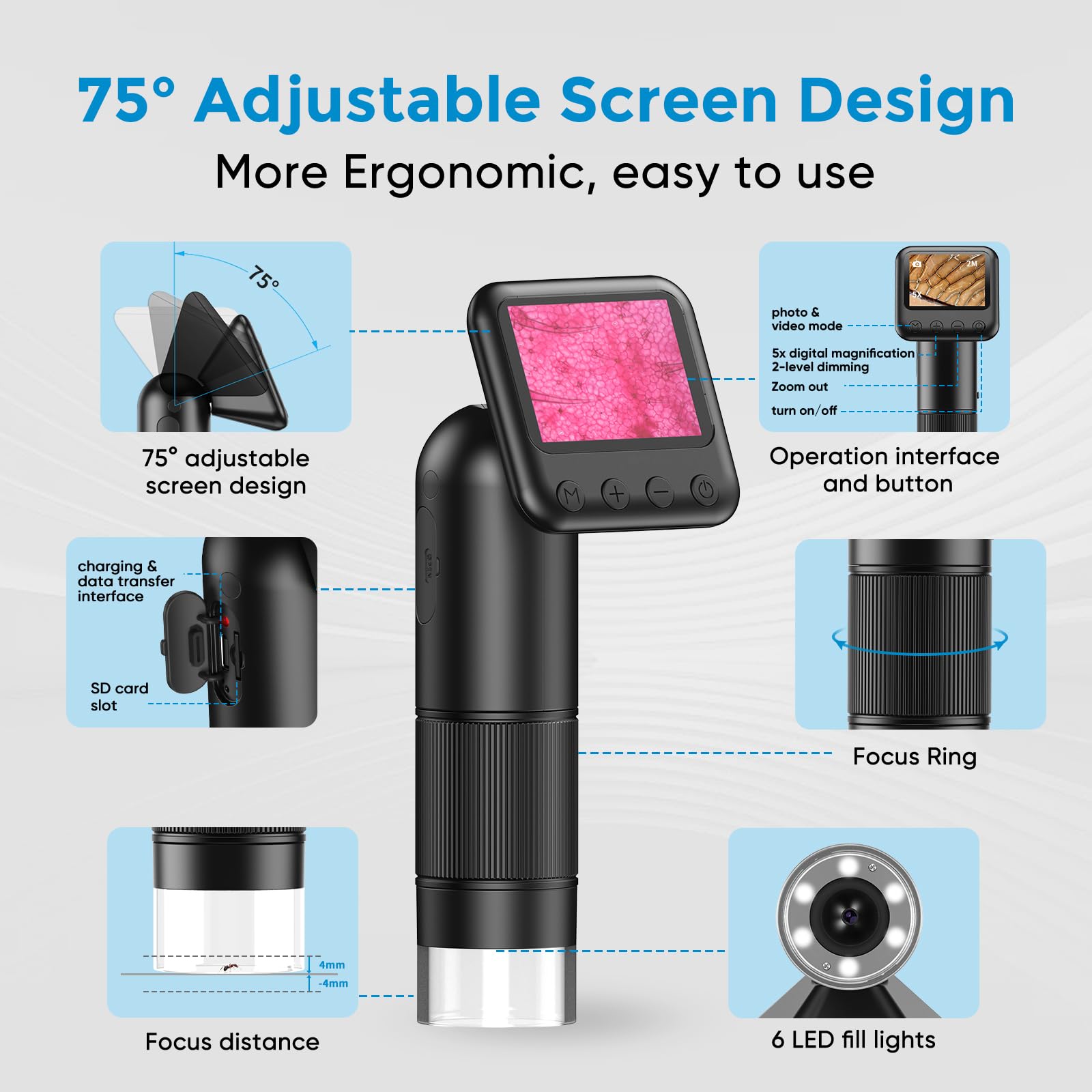 Microscopio digital de mano 800X con pantalla LCD de 2", microscopio portátil de bolsillo para niños con luces LED ajustables, microscopio con lupa para monedas, USB a PC, incluye tarjeta SD de 32 GB.