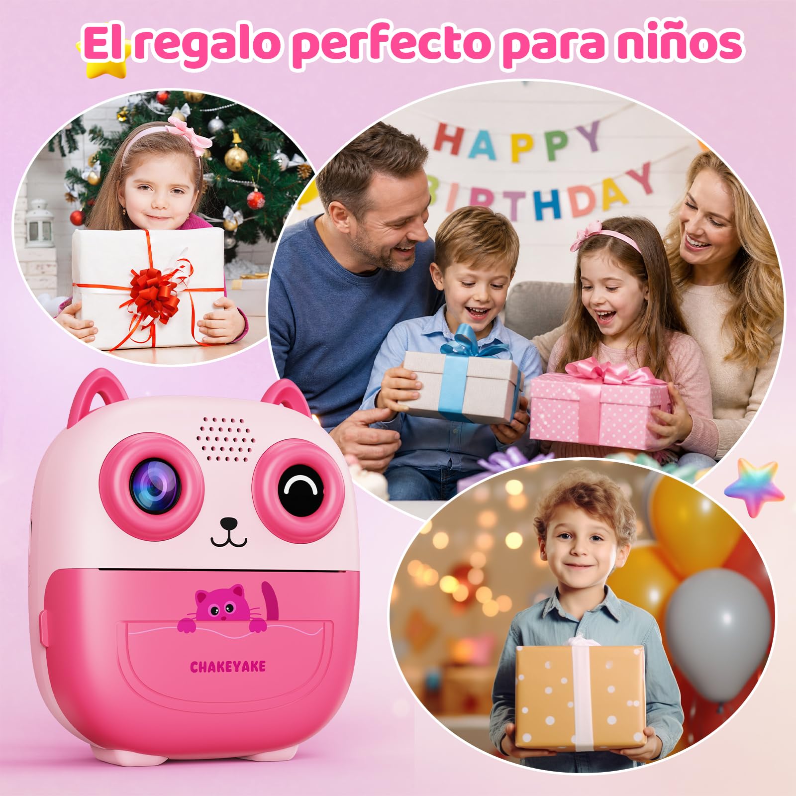 CHAKEYAKE Camara Fotos Infantil Instantanea, Reconocimiento de Voz e Imagen AI, Cámara Digital Infantil 2.4 Pulgadas, Fotografía y Vídeo, Pegatinas Creativas, Filtros, Regalo para Niños Niñas, Rosa