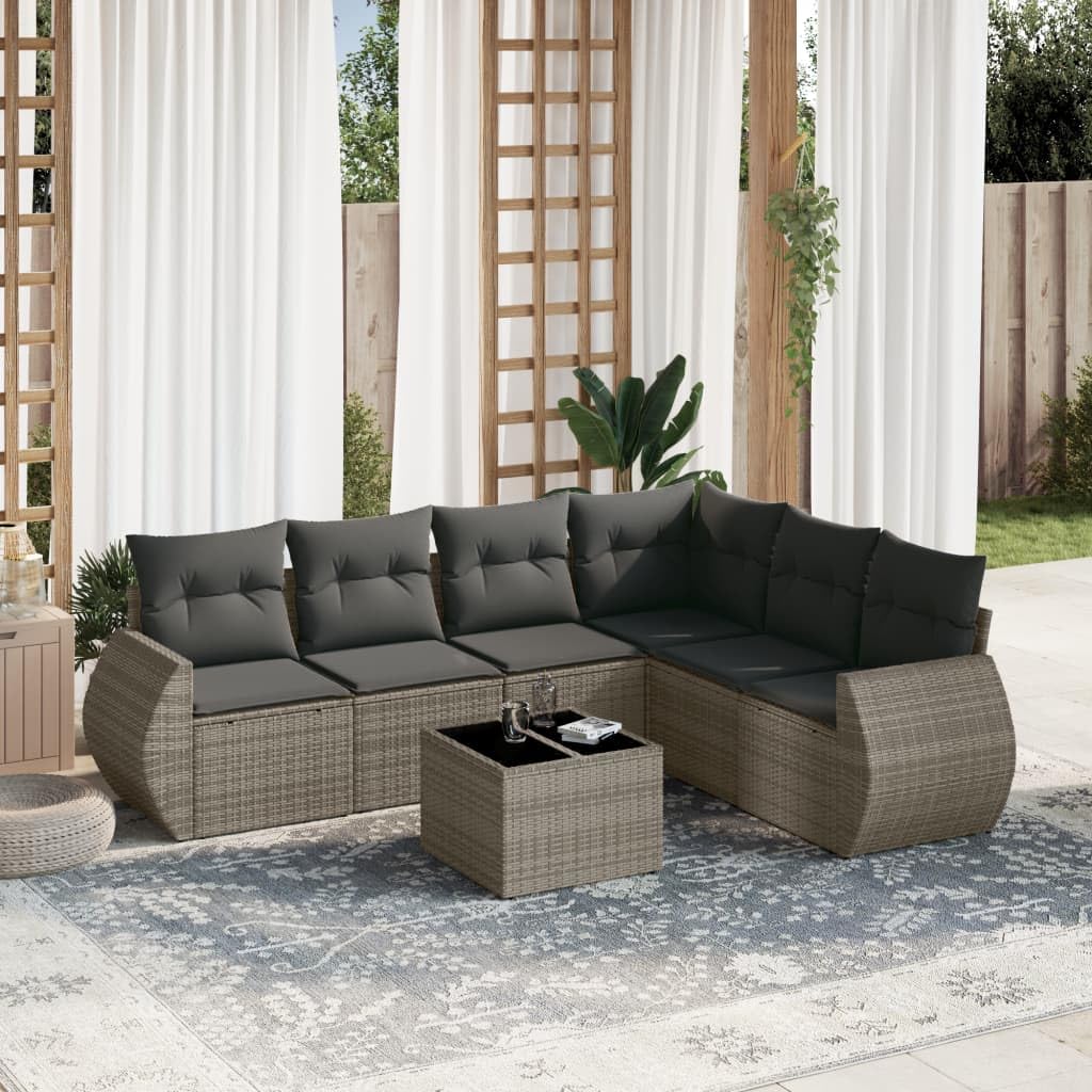 7-częściowy zestaw mebli ogrodowych z poduszkami, szary, polirattan, odporny na działanie promieni UV, modułowy design, na taras, balkon, meble outdoorowe, łatwy w pielęgnacji