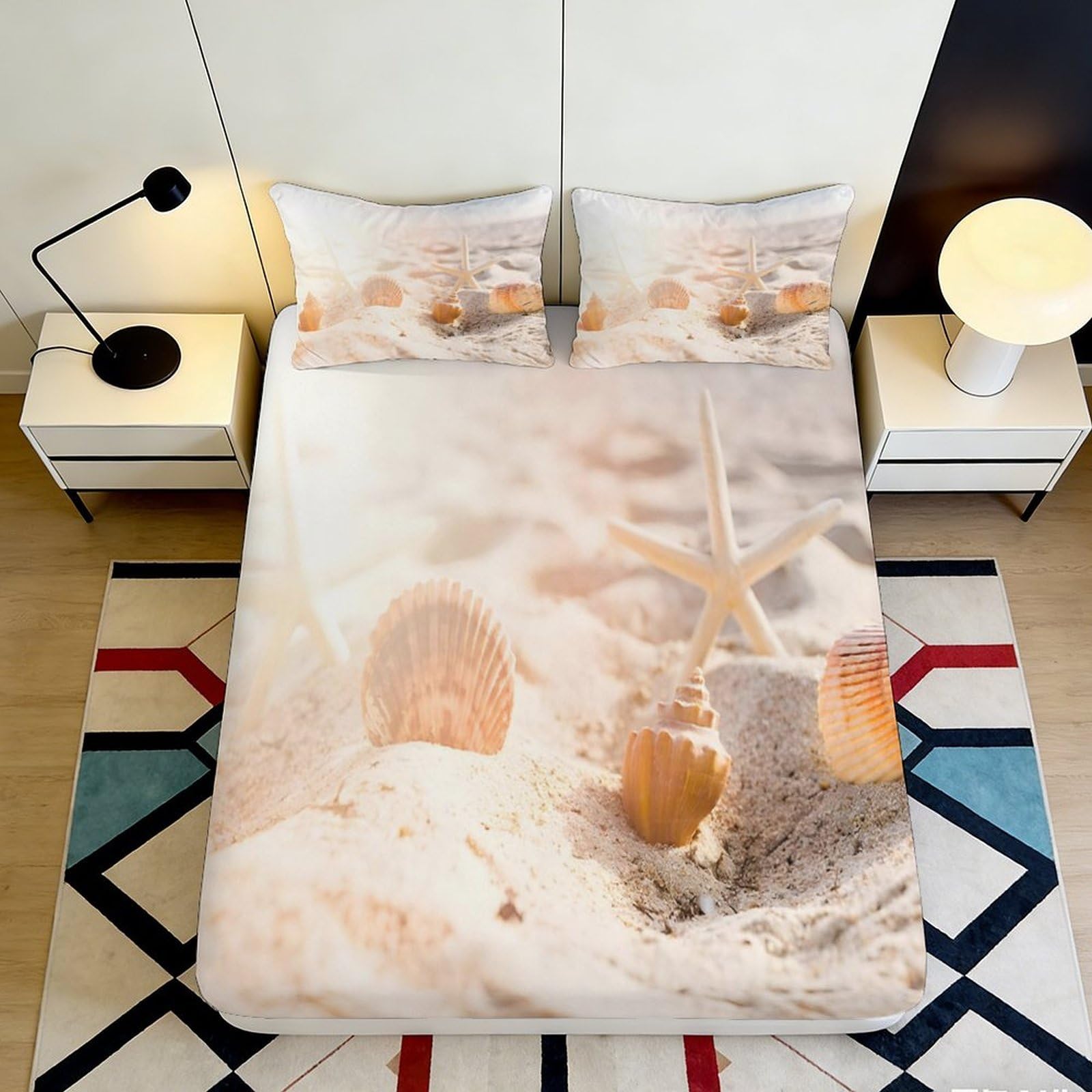 3D Printed Beach Seashell Fitted Sheet Microfiber Sand Starfish Mattress Cover for Bedroom Guest Room Decor 90x200x25cm