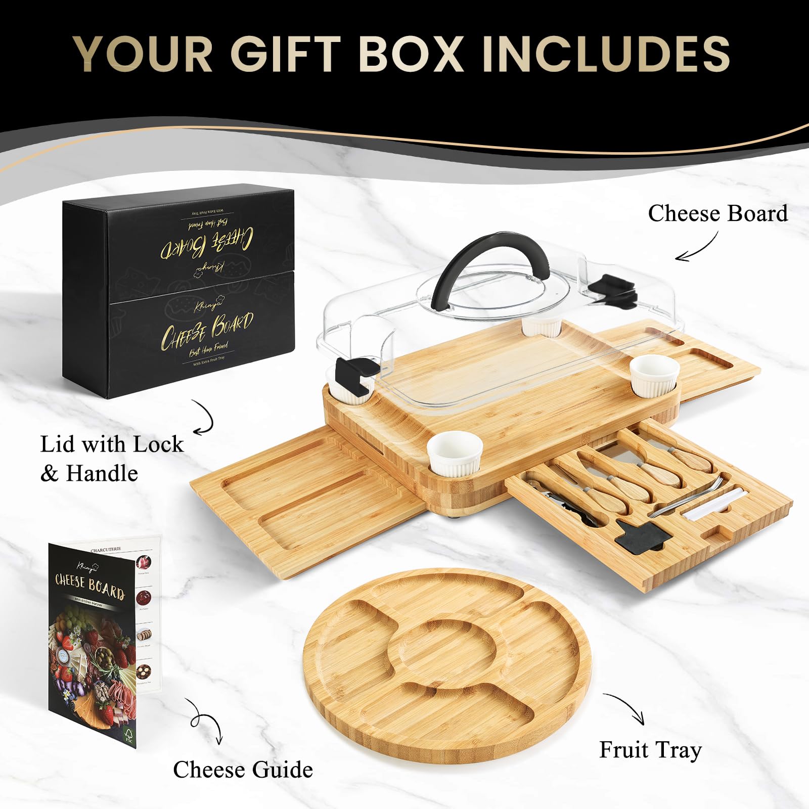 KHINYA Charcuterie Boards - Cheese Board Set, Charcuterie Board with Lid, Gifts for Women, Cheese Plate for Housewarming, Convenient Lid Design with Handle (3 Drawers Black)