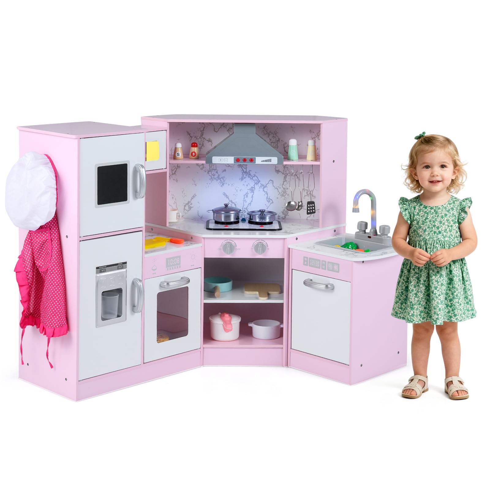 Maxmass Kids Corner Kitchen, Wooden Children Toy Kitchens with Separated Washing Basin, Lights and Sounds, Ice Maker, Chalkboard, Toddler Role Pretend Kitchen Playset for 3 + Years Old (Pink)