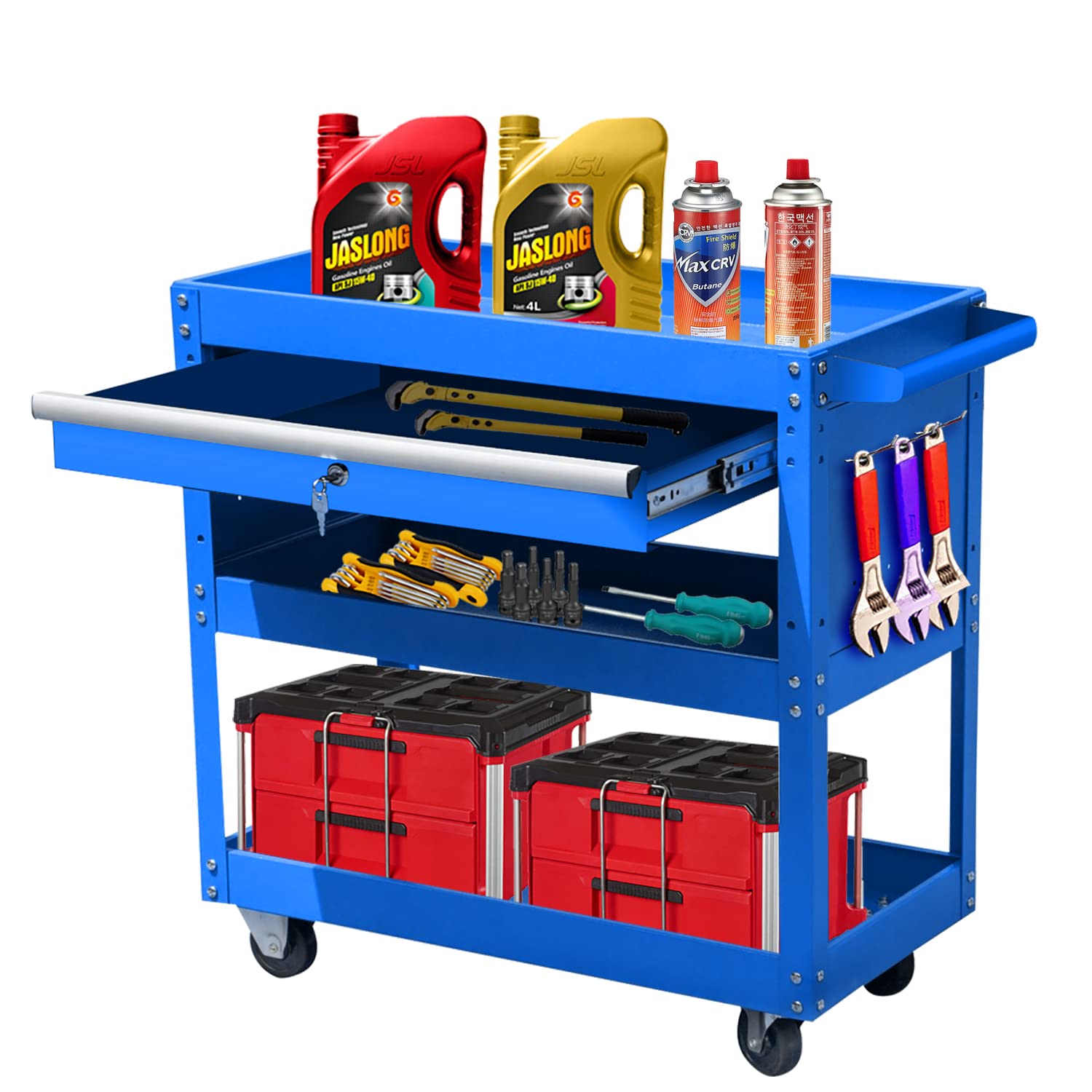 Buy 3Tier Tool Cart with Lock Drawer and Wheels, Big Capacity 3Tray Rolling Utility Cart, 350