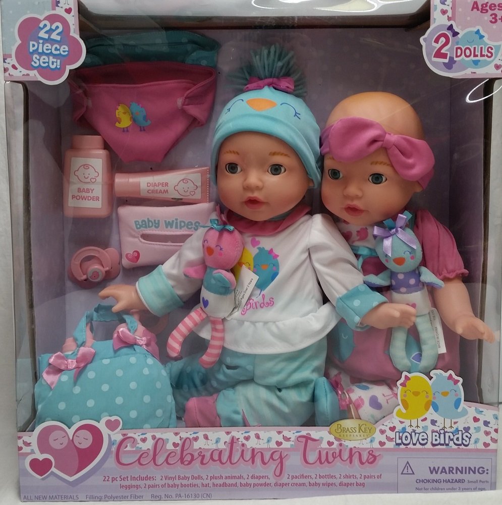 Brass Key Keepsakes Celebrating Twins 15" Love Birds, Blue Eyes