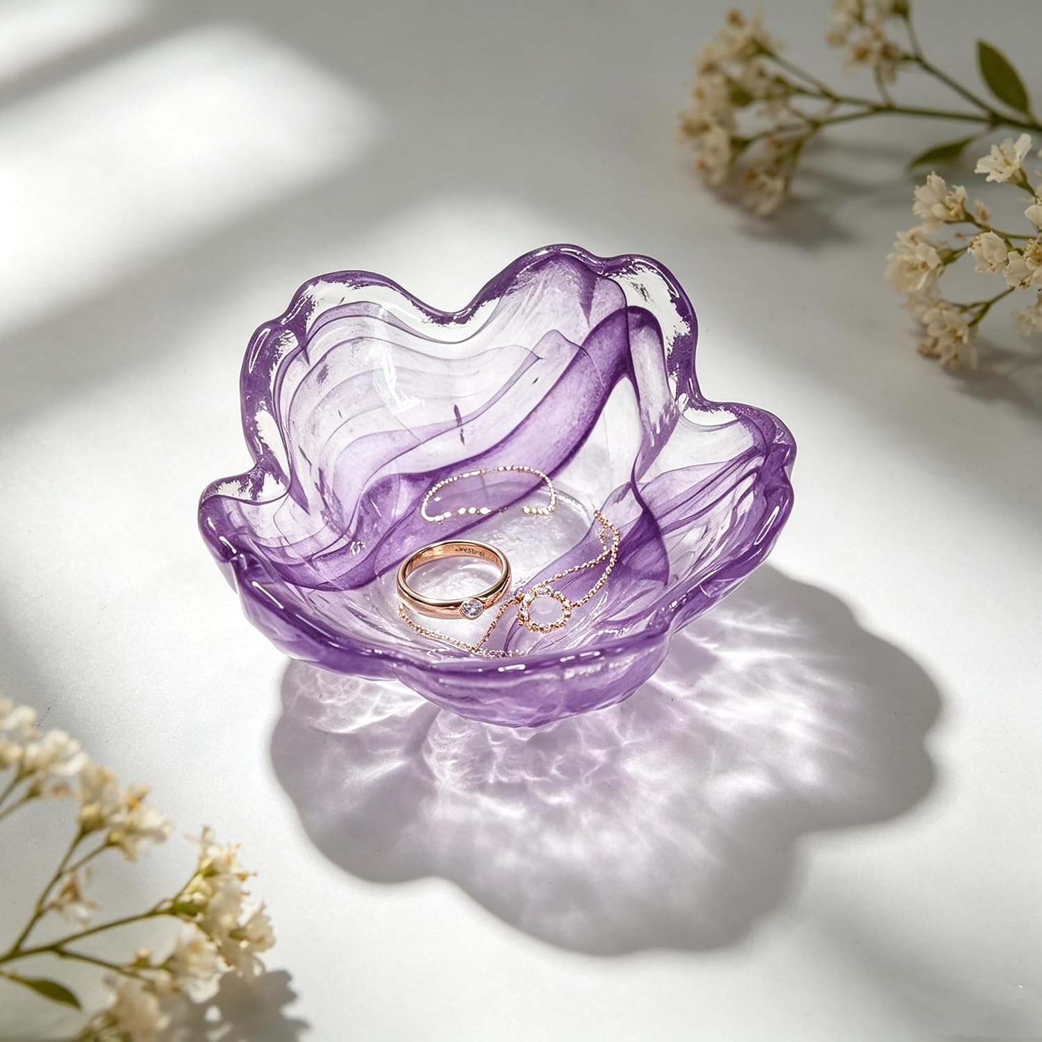 Glass Flower Jewelry Dish - Small Jewelry Bowl Trinket Dish forBathroom Nightstand Decor, Jewelry Trinket Display Tray Gift for Women, 3.15x3.15x1.57 INGRD002-Purple image 3
