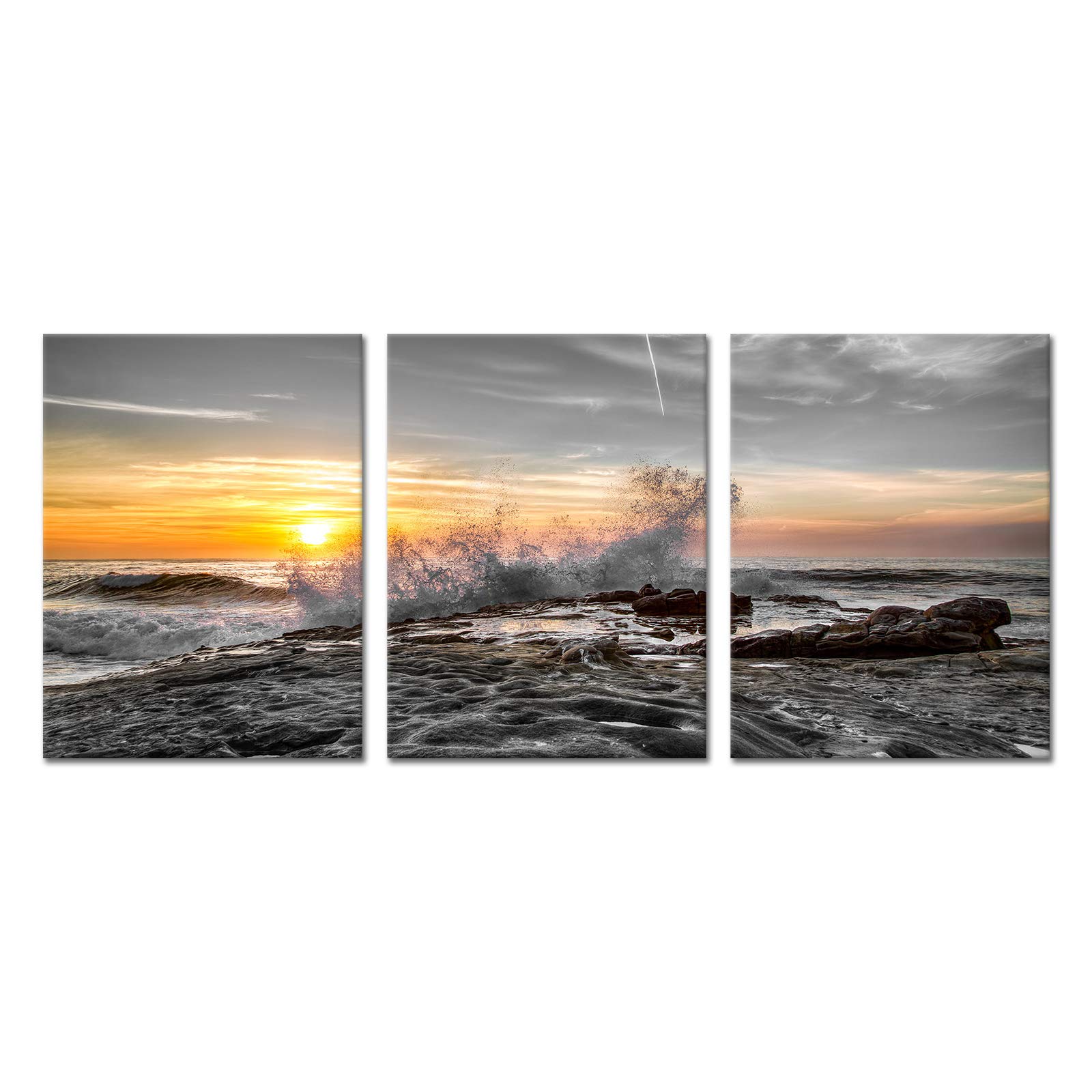LevvArts 3 Piece Ocean Canvas Wall Art Black and White Gold Sunrise Picture Beach Landscape Painting Prints with Frame Modern Bedroom Bathroom Wall Decor Ready to Hang