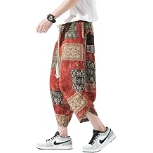 Mens Harem Pants Patchwork Baggy Capri Pants Elastic Waist Japanese Shorts