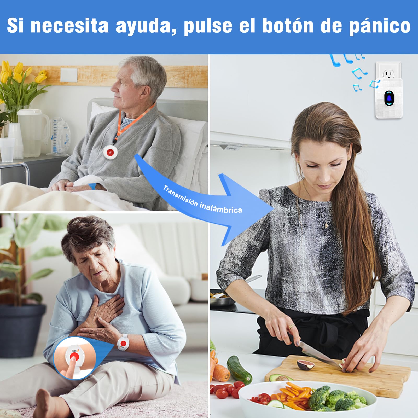 Daytech Avisador Personas Mayores,Transmisión inalámbrica 150M Botón de Emergencia para Ancianos,Pulsera Alarma Personas Mayores(2 Receptor + 2 Botón + 2 Pulsera)