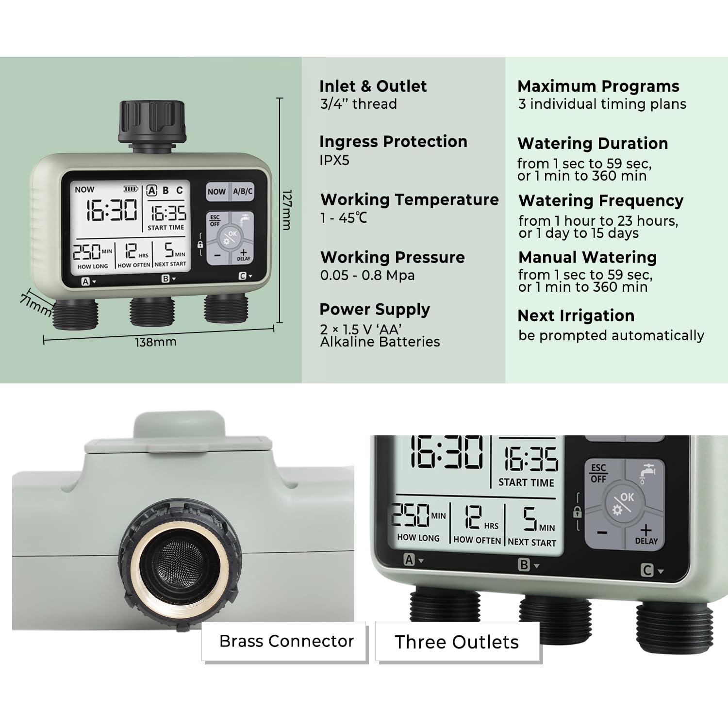 Johgee Programmateur Arrosage 3 Voies Automatique Minuteur Irrigation Programmable avec Délai de Pluie pour Jardin Pelouse