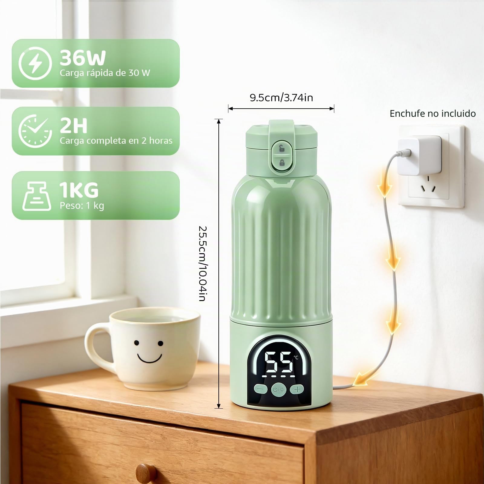 Calentador de biberones portátil 500 ml, 18000 mAh, 140 W calentamiento rápido y control preciso de temperatura, calentador de leche para llevar leche materna, fórmula y agua, carga USB-C, verde