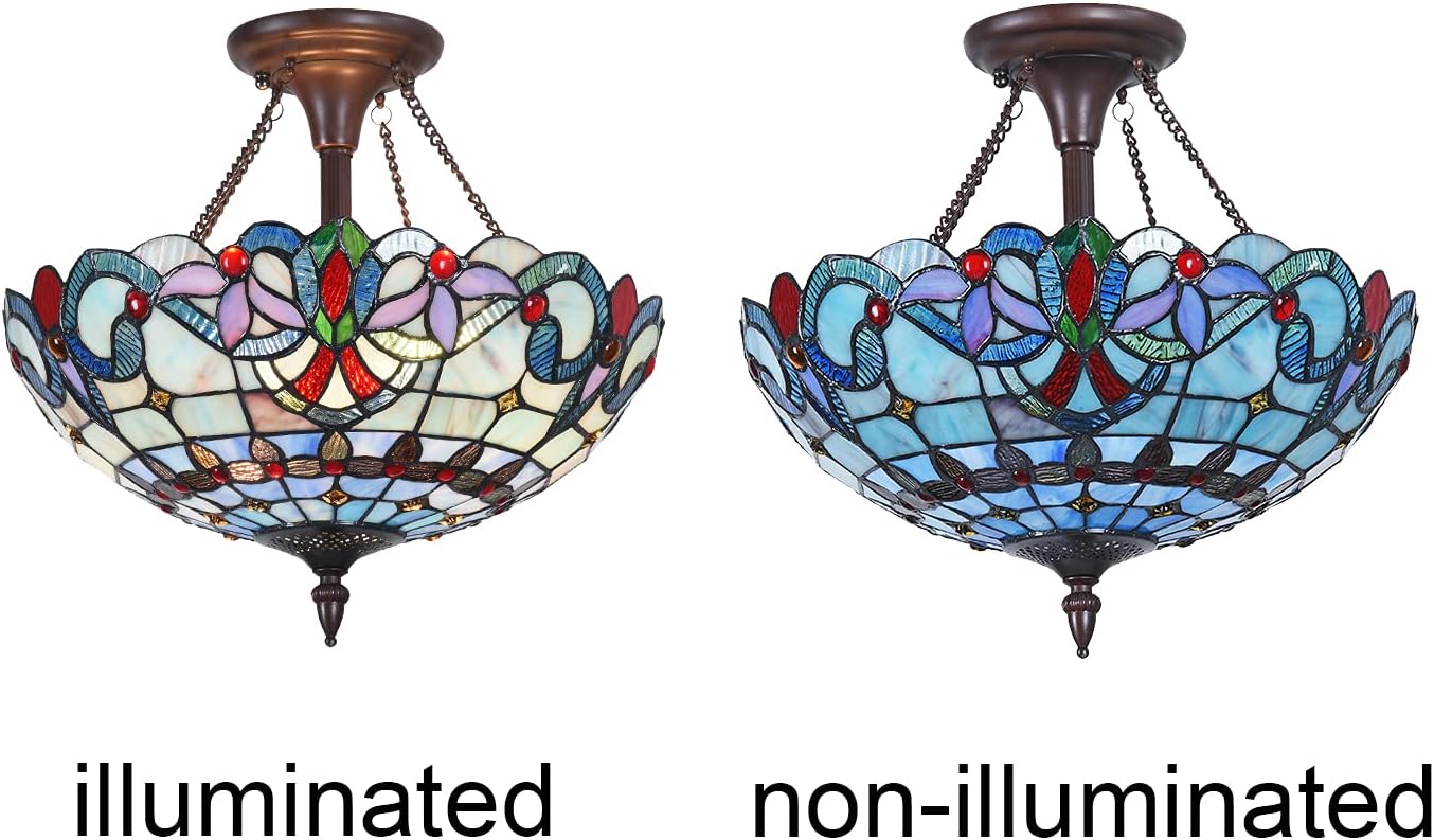 Capulina Tiffany Lamp Stained Glass Ceiling Light Fixture 16X16X14 Inches Light Blue Victorian Tiffany Style Ceiling Lamp for Home Kitchen Bathroom Hallway Entrance Porch Entryway