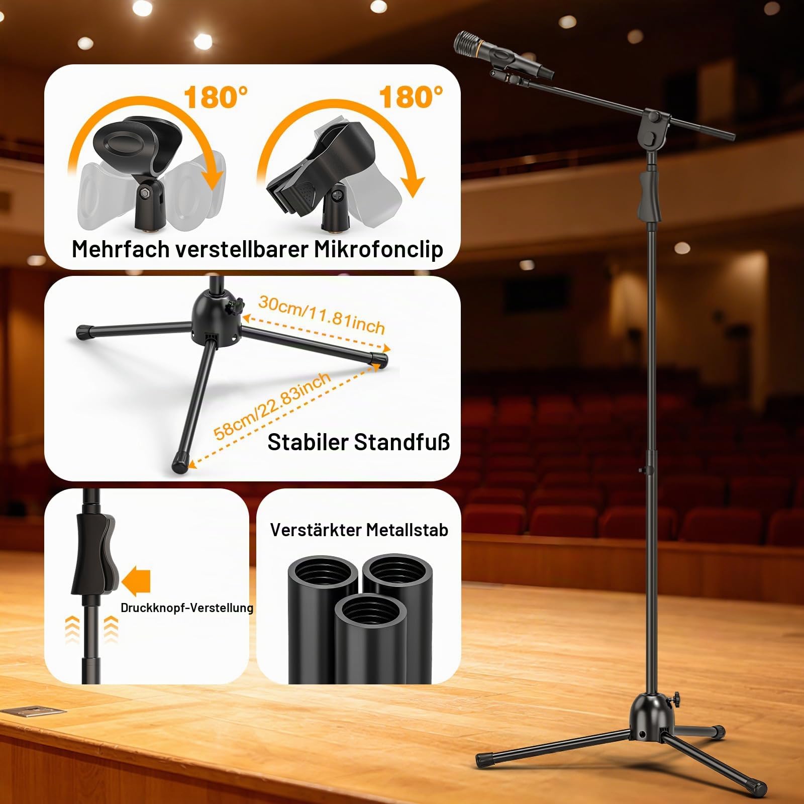 Mikrofonständer mit Teleskop-Galgen 51–91 cm, Höhe bis 232 cm, 2 Clips | Höhenverstellbares Mikrofonstativ mit 24 mm Stahlrohr, Mic Stand mit 2 Mikrofonclips und Gewindeadaptern
