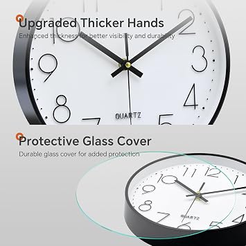VIKMARI 10 Inch Black Modern Wall Clock Easy to Read Kitchen Round