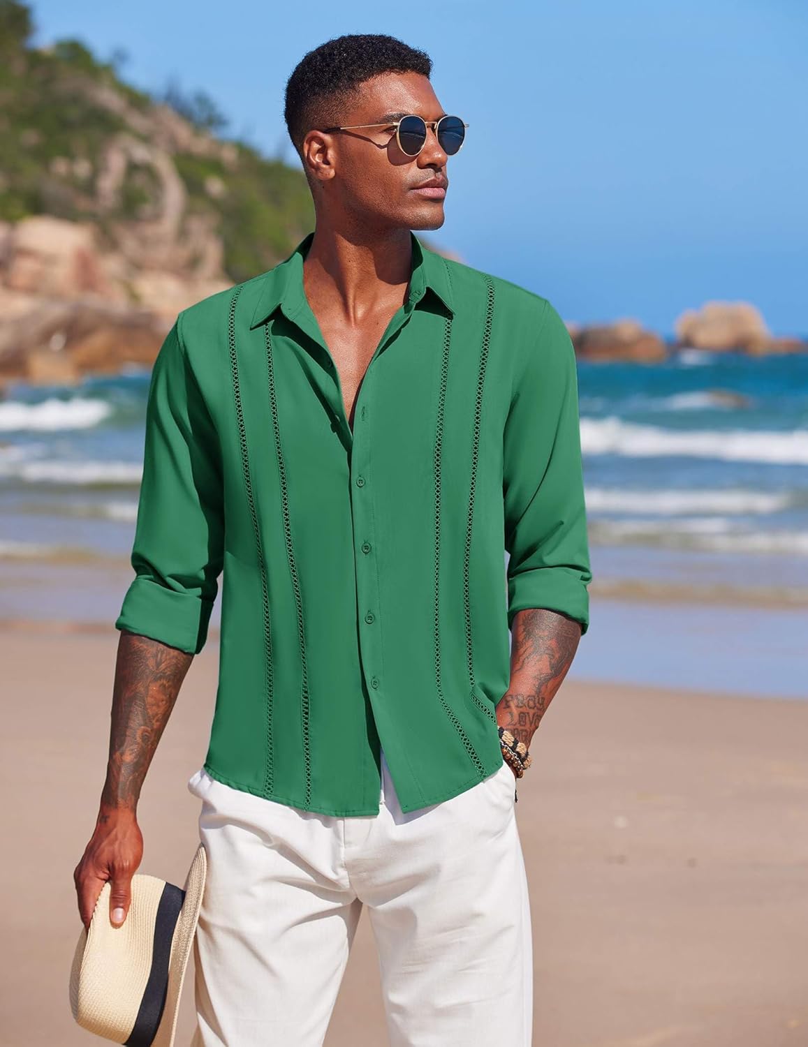 COOFANDY Mens Cuban Guayabera Shirt Casual Button Down Shirts Long Sleeve Summer Beach Shirts - Image 4