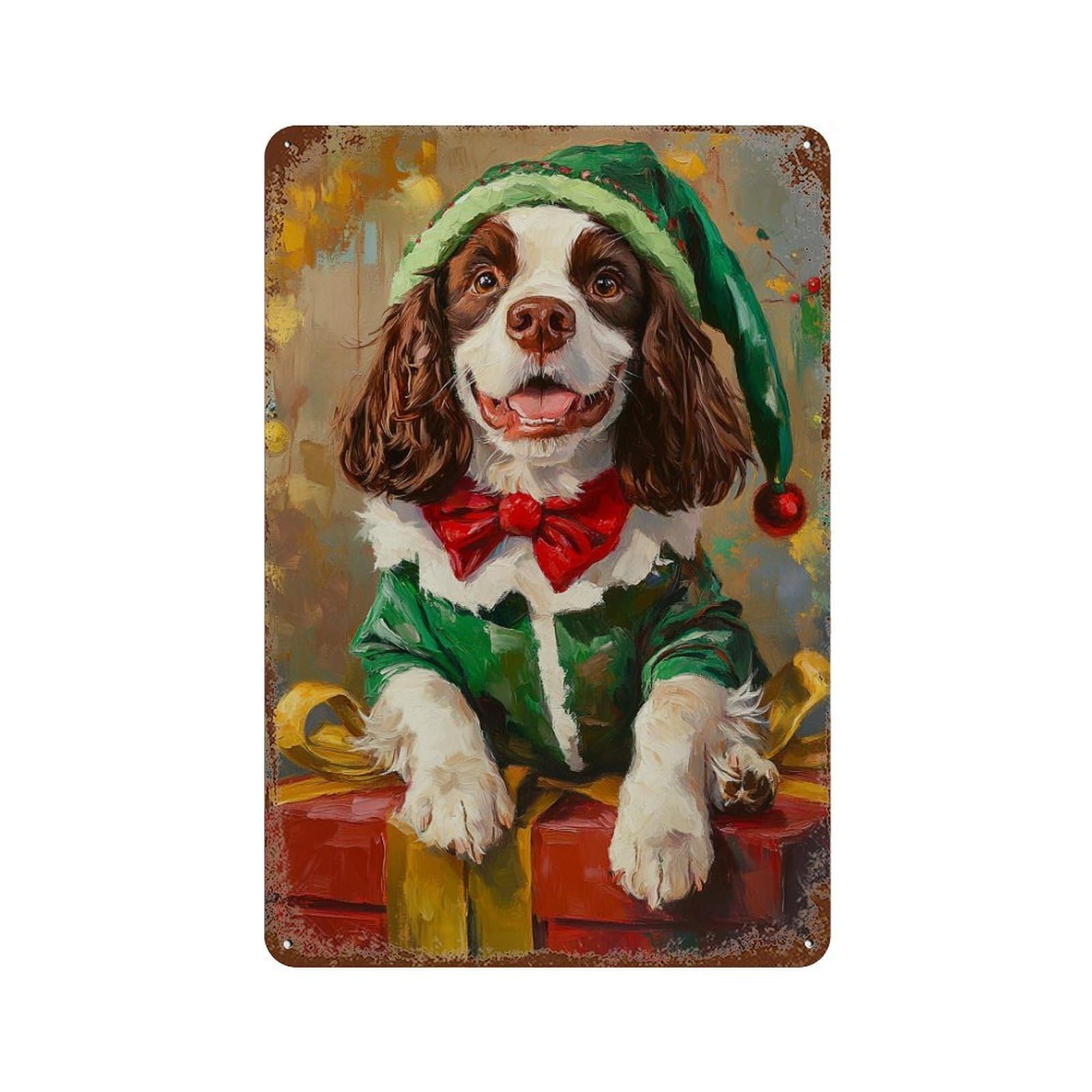 Garage Style Christmas Dog Elf Costume Rustic Tin Plaque 11.8"x7.9", Farmhouse Wall Decor for Bar And Workshop