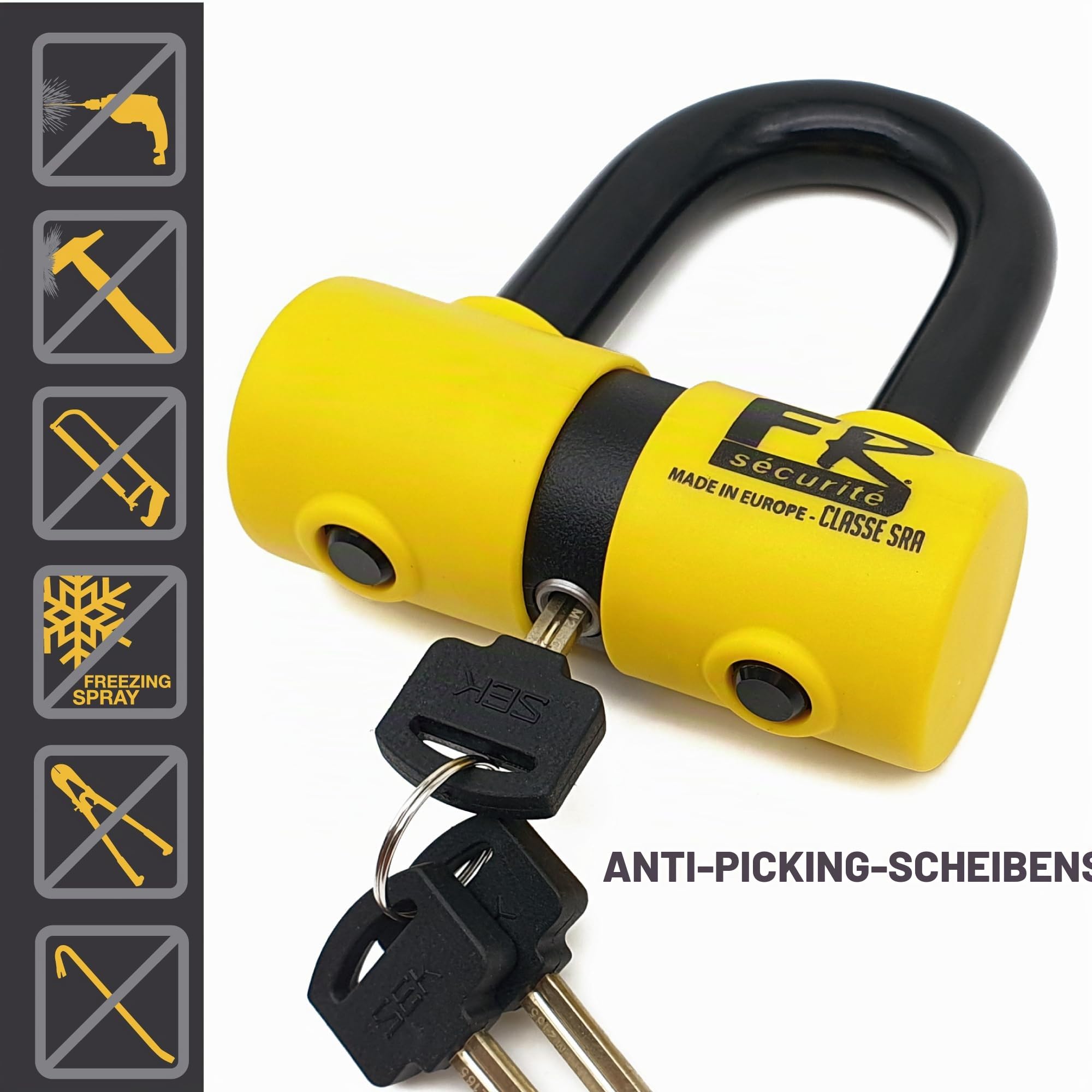 FR SECURITE FR50 Motorradschloss Diebstahlsicherung Mini U Bremsscheibenschloss Homologiert Classe SRA Gehärteter Stahl Ø18 45 x 65 mm + Erinnerungskabel Sicherheit für Motorrad Scooter