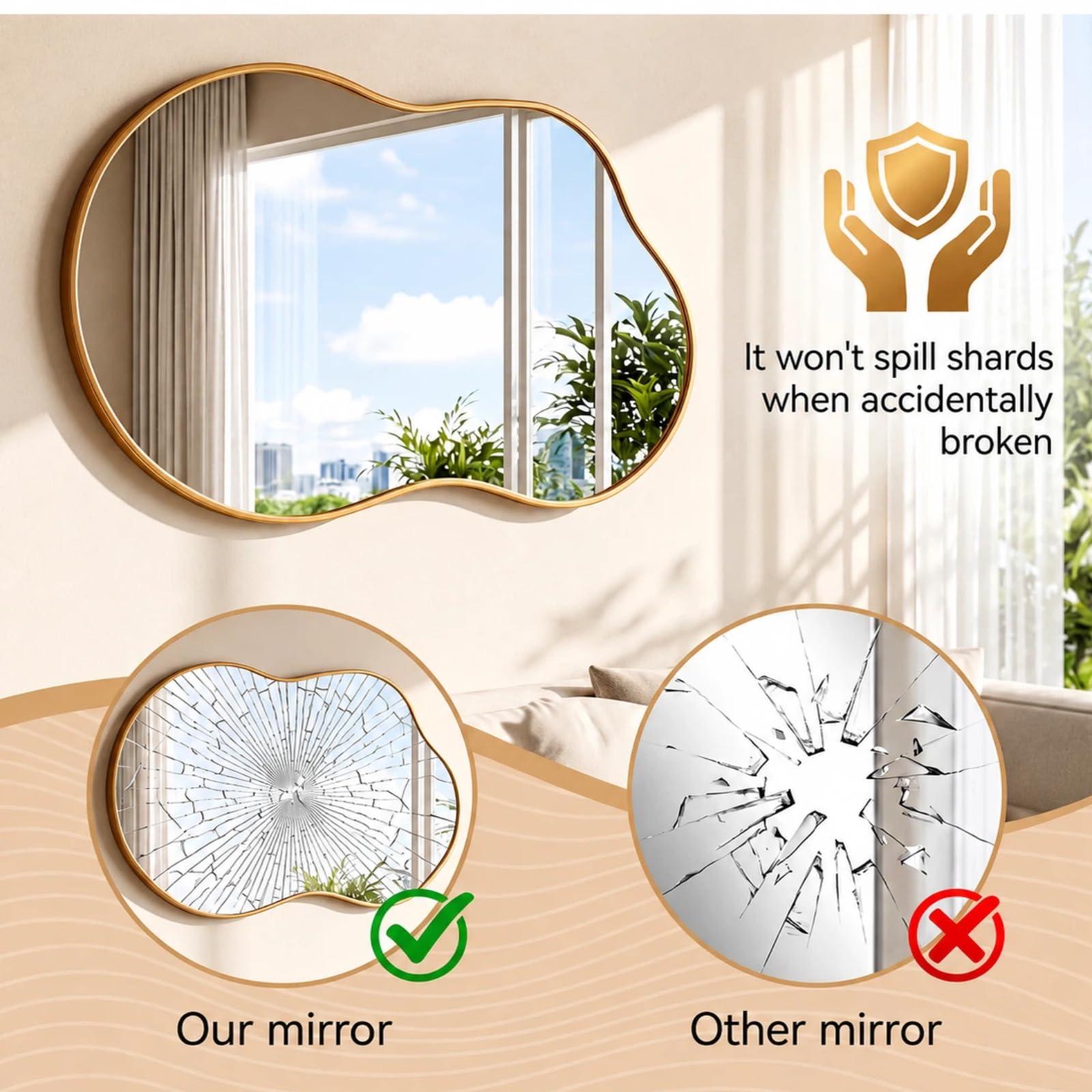 Clevich Miroir Asymétrique, Cadre en Aluminium, Verre HD, Miroir Mural décoratif Moderne, Design Nuage, pour Salle de Bain, Salon, Couloir, Chambre à Coucher, Mur (Doré, 66 x 116 cm)