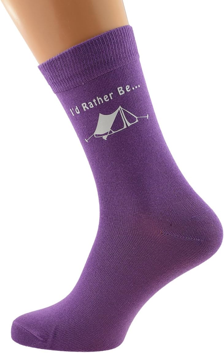 I'd Rather be Camping with Tent Image Printed in White on Ladies PURPLE Socks Great Mothers Day Present