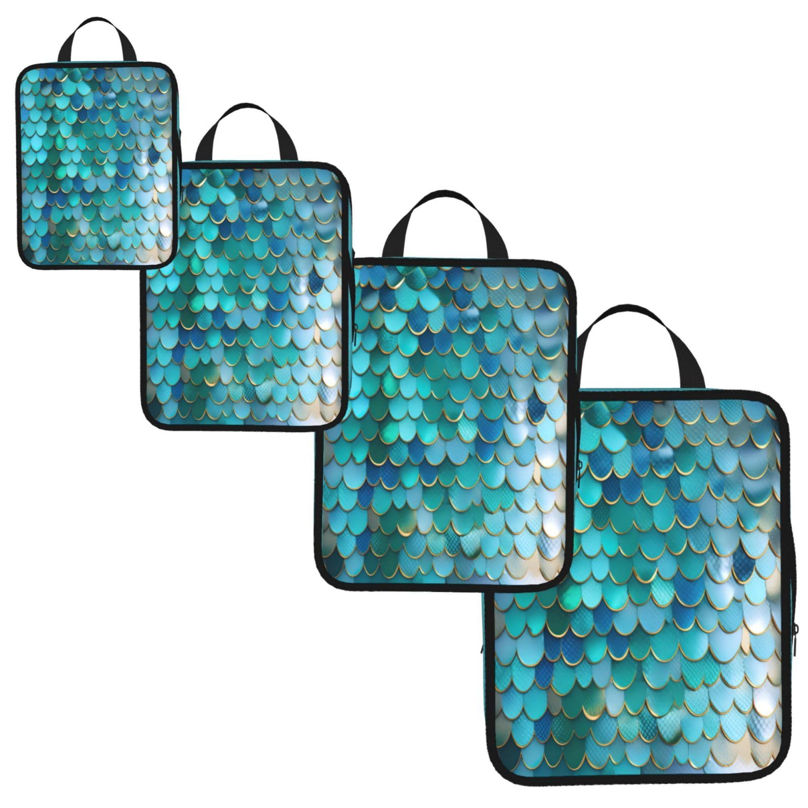 Mermaid Scale Print 4 Set Compression Packing Cubes for Suitcases,Expandable Storage Bags Organizers