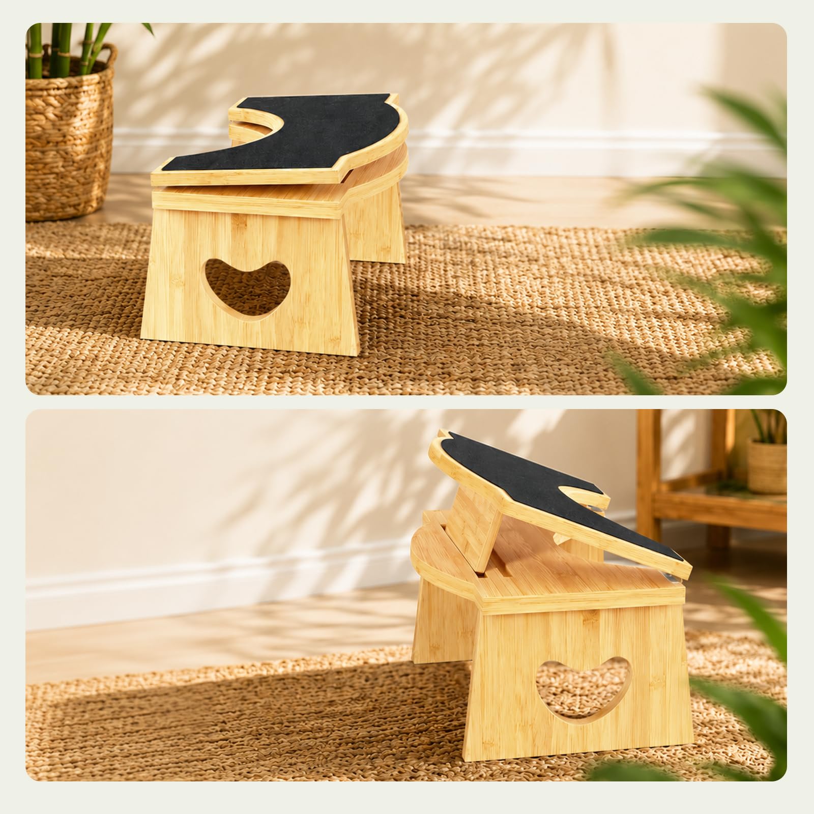 HOOBRO Taburete Plegable de Bambú para Inodoro, Taburete Fisiológico para Baño, Antideslizante, sin Necesidad de Montaje, Color Bambú Natural y Negro EYL03FP01