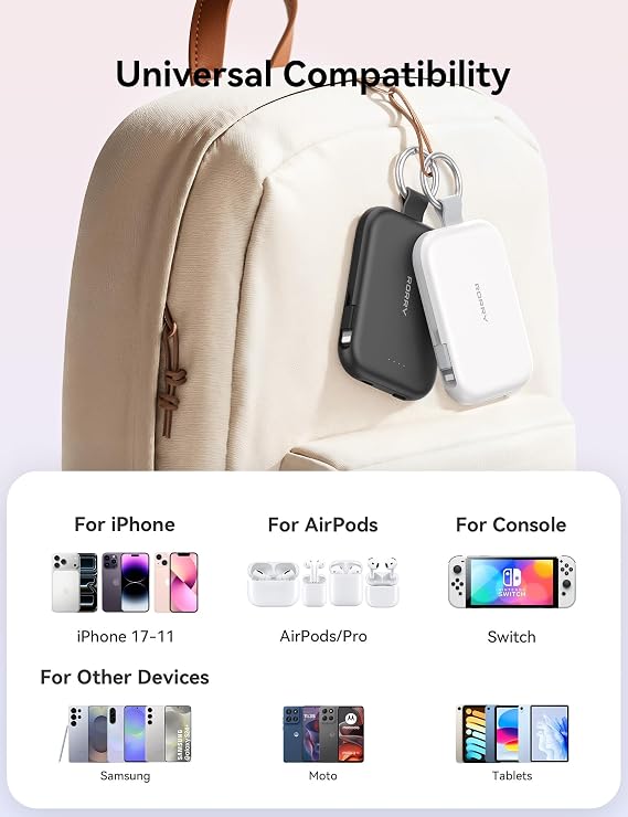 RORRY CharmGo Portable Charger, 5000mAh Portable Charger Power Bank with Built-in Cables, Travel Keychain Charger Battery Pack for iPhone 17/16/15/14/13/12, for AirPods 2/3/4/Pro, Black