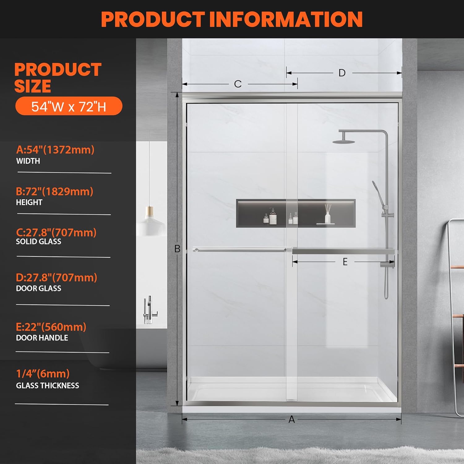 Bathroom Shower Sliding Door, 50"-54" W×72" H Framed Fixed Door for Shower Enclosure, 1/4"(6mm) Thick Clear Tempered Glass with Handles, Chrome Finish