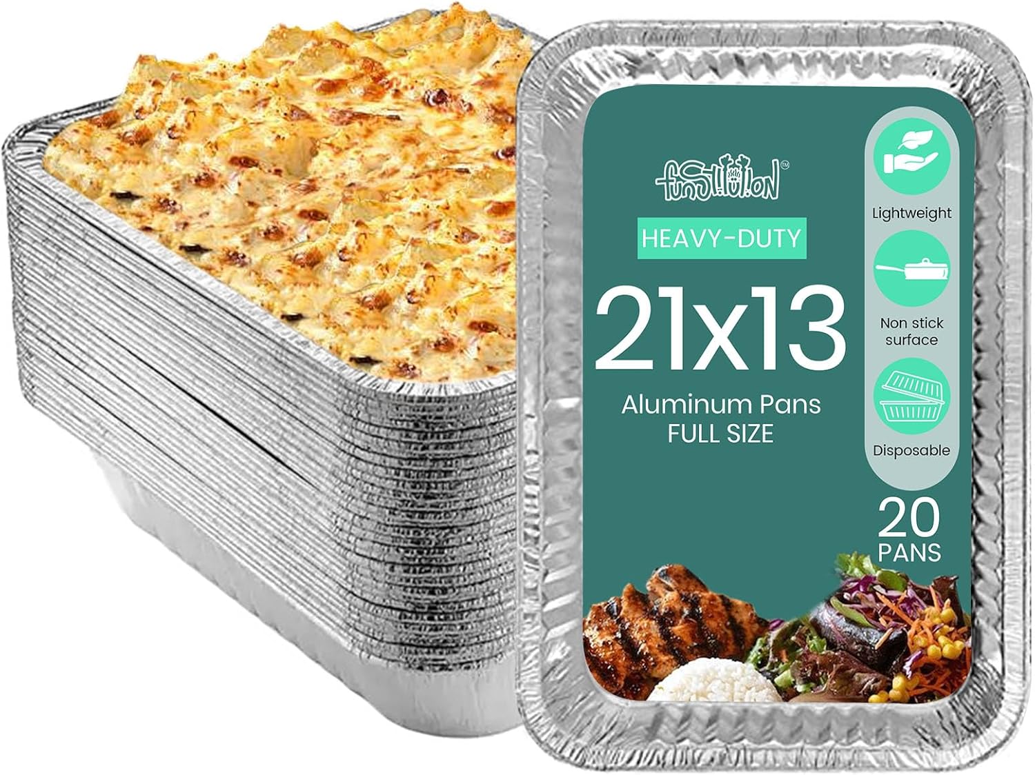 FUNSTITUTION Full Size Large Aluminum Foil Pans (16 Pack) - 21x13 Tin Foil Pans with High Heat Conductivity - Disposable Cookware For Baking, Grilling, Cooking, Storing, Prepping (21x13)