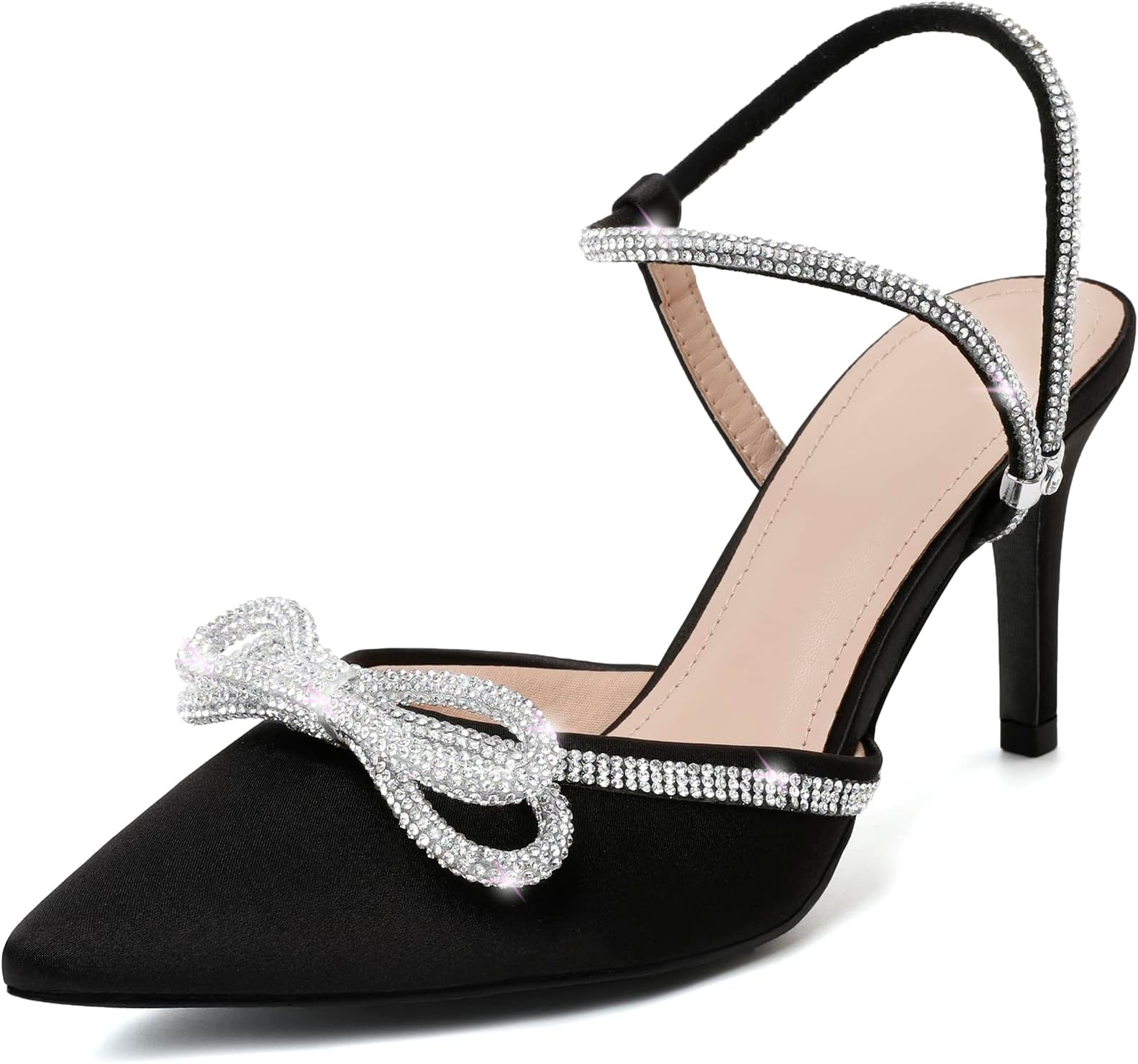 Clear Rhinestone High Heels for Women Pointed Toe Strappy Stiletto Heel Ankle Strap Low Heels Dress Shoes for Bridal Party