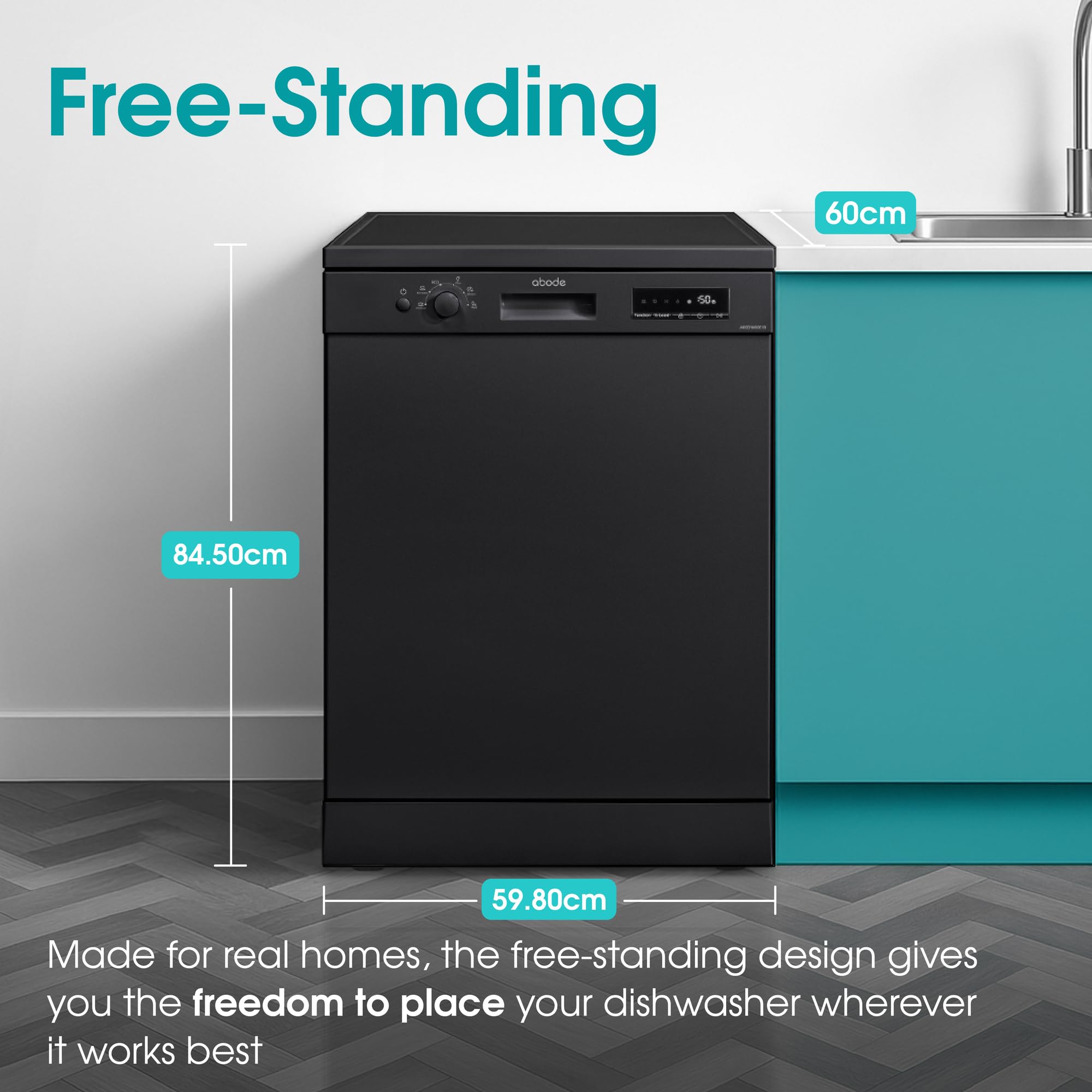 Abode Freestanding Dishwasher Class E with 12 Place Settings, 6 Wash Programs, 24-Hour Delay Start, Removable Cutlery Basket & Deep Clean Function in Black A60DW00E1B — view 4