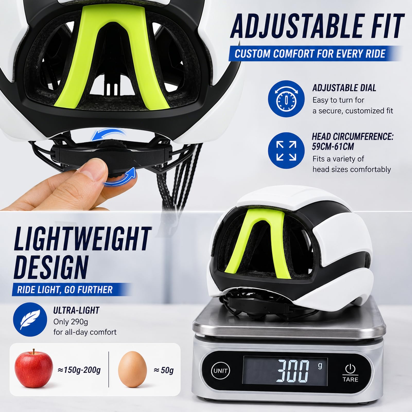 Rennradhelm Erwachsene Unisex Sportiver Fahrradhelm Einstellbarer 58-61cm Aerodynamisches Design mit Großen Belüftungsöffnungen für Damen und Herren, Matt Weiß, L