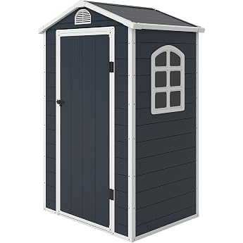Outsunny Tool Shed 1.1 m&sup2; with Gable Roof 134 x 104 x 204 cm Dark Grey | Plastic tool shed with lockable door, ventilation op