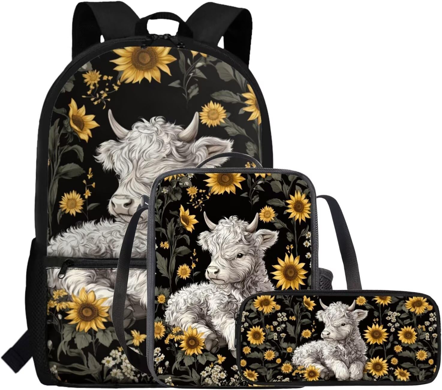 COEQINE White Highland Cow School Backpack Set for Girls with Lunch Box Set of 3, 2Nd Grade Bookbag Girls Kids Children Teens Elementary Middle School Bag Set with Large Pencil Box
