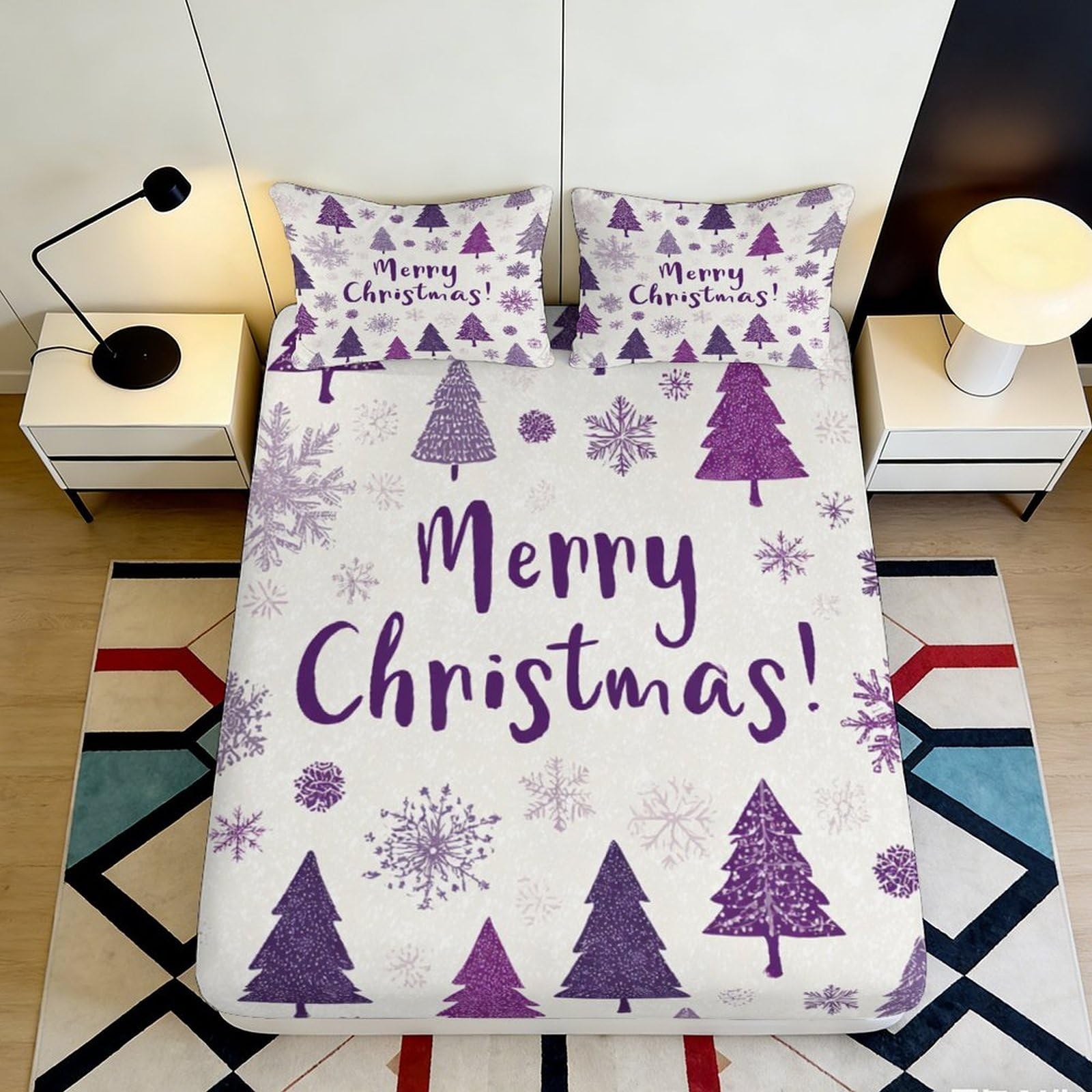 Pnayamiorkfel Style-9 3D Printed Purple Christmas Tree Fitted Sheet Microfiber Snowflake Bed Cover For Bedroom Guest Room Home Decor 90X200x25cm