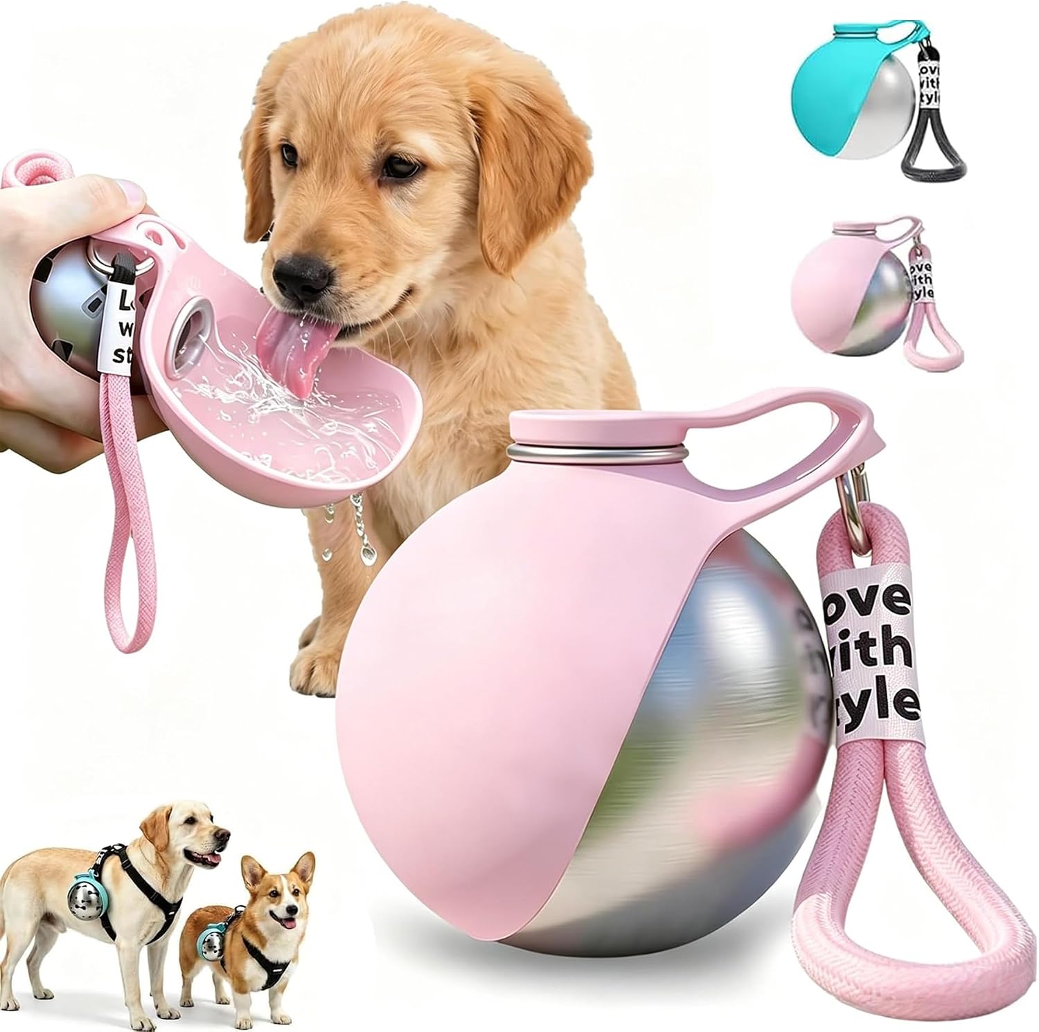 2 in 1 Portable Stainless Steel Dog Water Bottle with Bowl