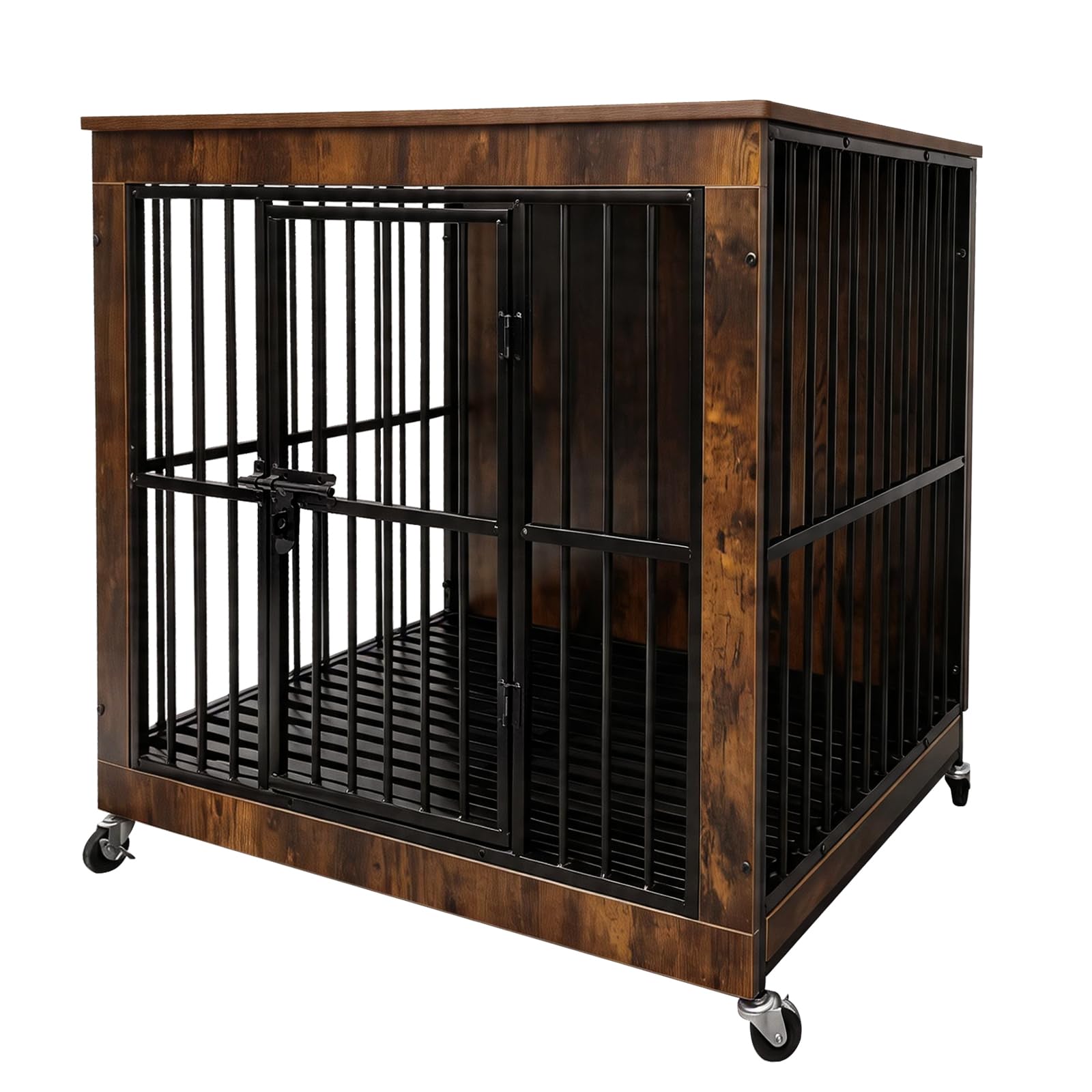 98cm Heavy Duty Dog Crate Furniture, Large Wooden Indoor Kennel with Anti-Chew Square Pipe, Detachable Table Top Side End Table Dog House with Pull-Out Tray, 98 x 89 x 67 cm, Rustic Brown