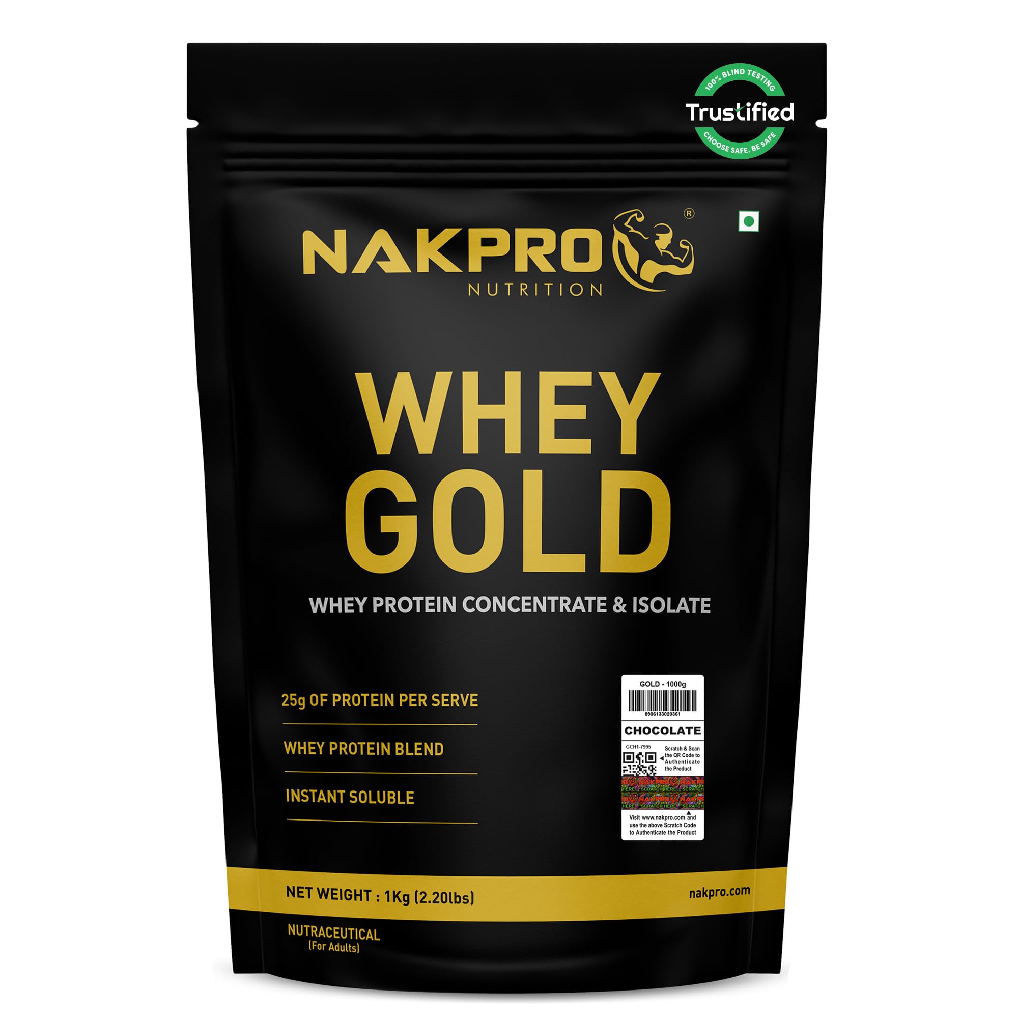 NAKPRO GOLD Whey Protein 1kg Chocolate – 25g Protein, 5.5g BCAA