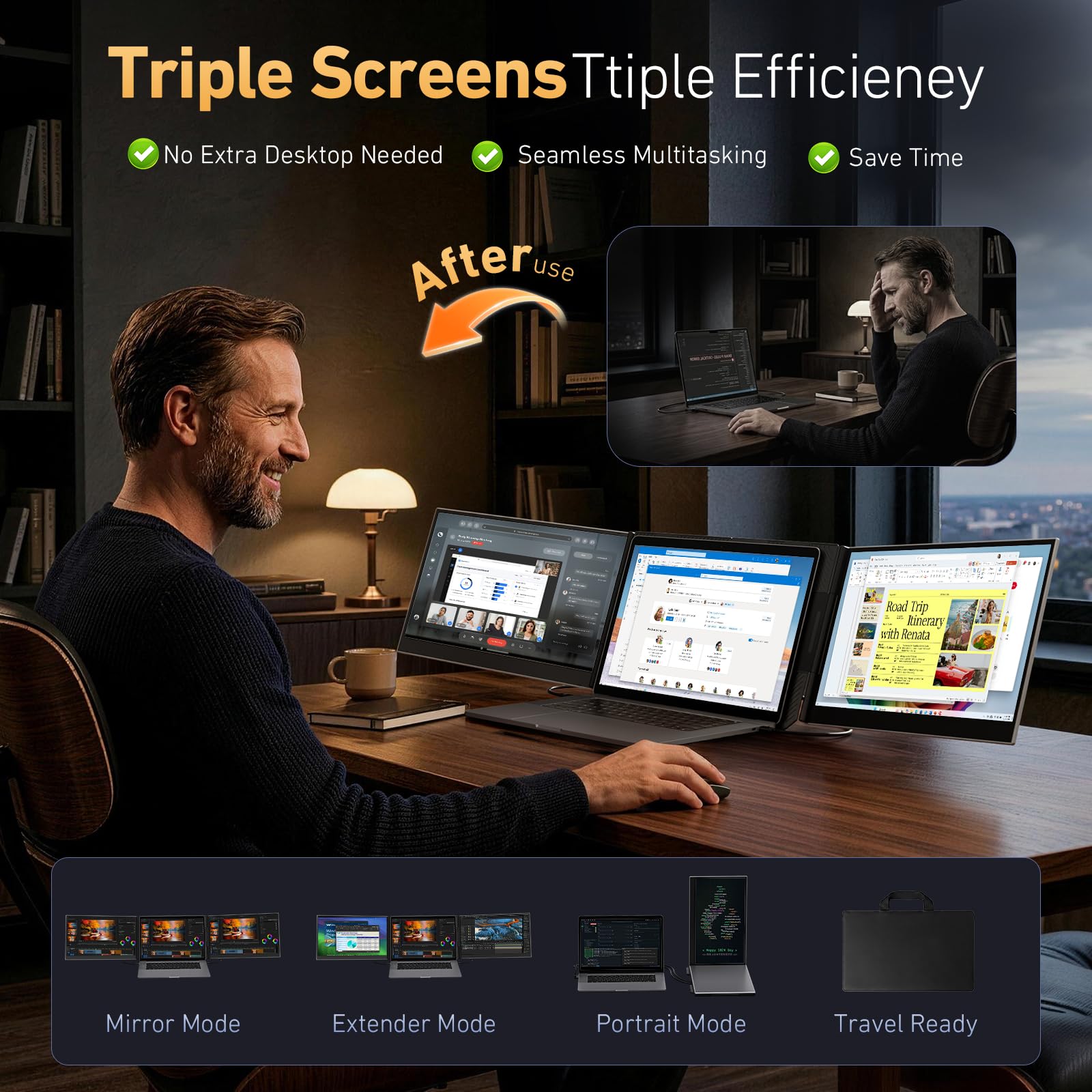 Vixtan 15.6" Triple Laptop Screen Extender, Ultra-Thin FHD IPS Portable Monitor for Laptop, USB-C Plug & Play Multi Screen Attachment for 13-17.3" laptops with Windows/Mac/Chrome view 2