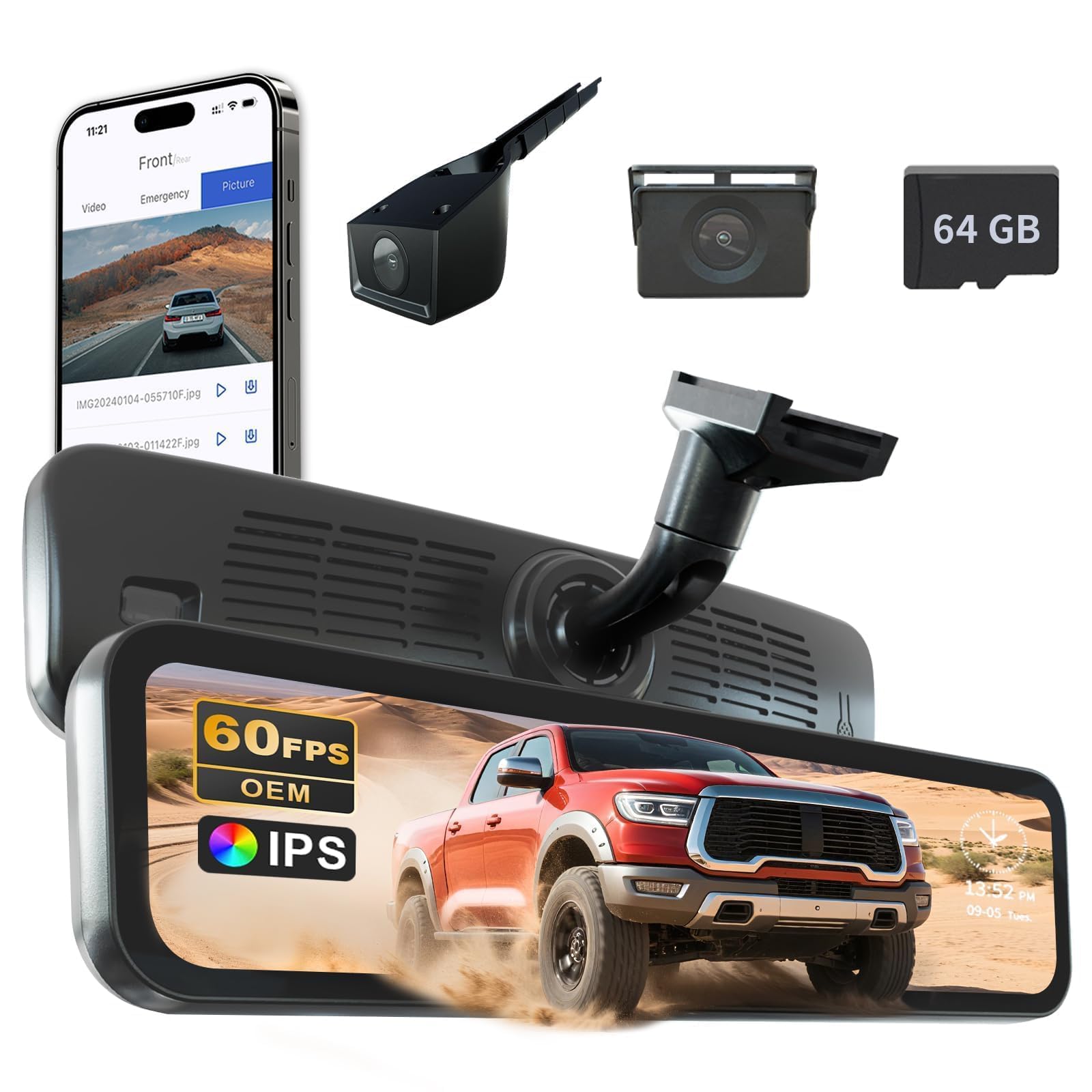 Sinjet 60FPS 9.2" OEM Rear View Mirror Camera, 2K Dash Cam Front and Rear, Digital Signal Transmission, Night Vision, IPS Screen, Parking Monitor,