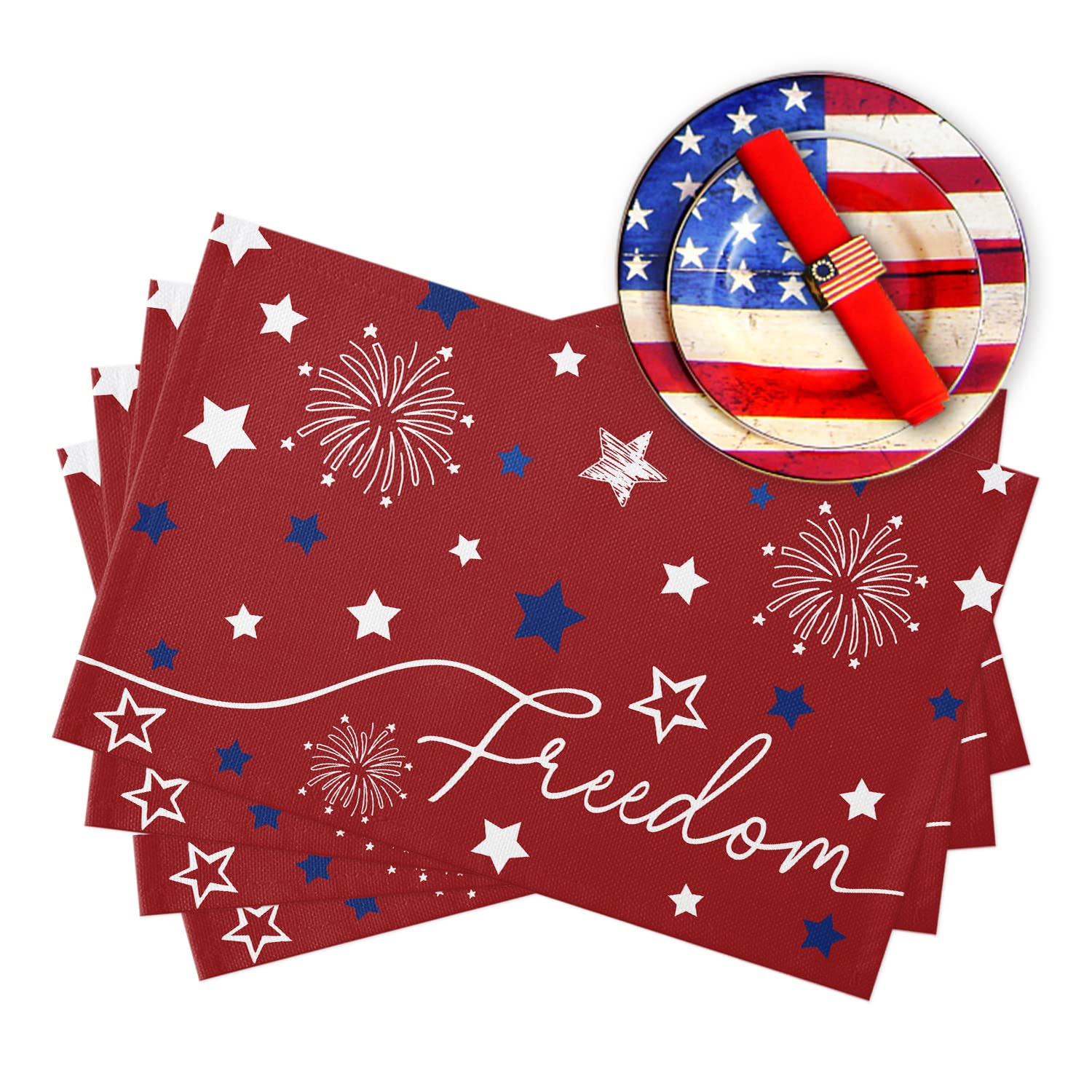 Patriotic 4th of July Placemats Set of 4-Heat Resistant Red Blue Stars Freedom Memorial Day Washable Dining Table Place Mats Independence Day Party Summer Holiday Kitchen Decor for Home Outdoor Indoor