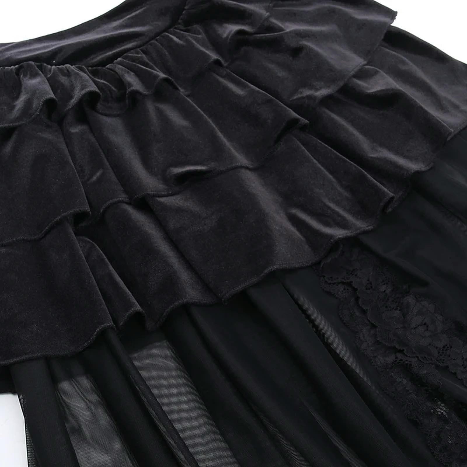 Gonne a Vita Alta con Pizzo Nero, Gonna Corta a Trapezio a Strati in Stile Gotico da Donna-Nero-M