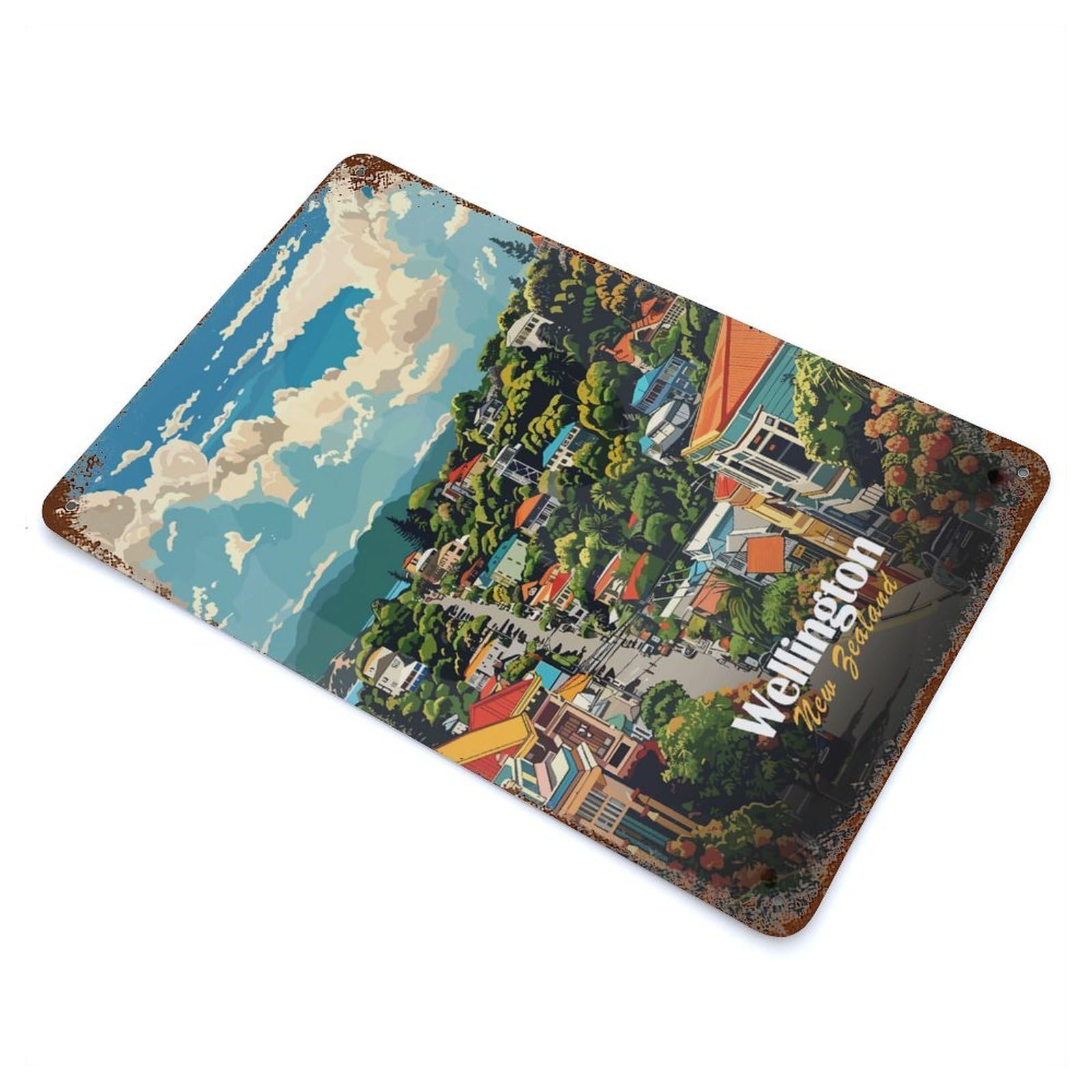 Decorative Tin Sign Wellington, New Zealand Cityscape 11.8"x7.9", Decorative Metal Wall Art for Garage, Bar And Workshop Decor