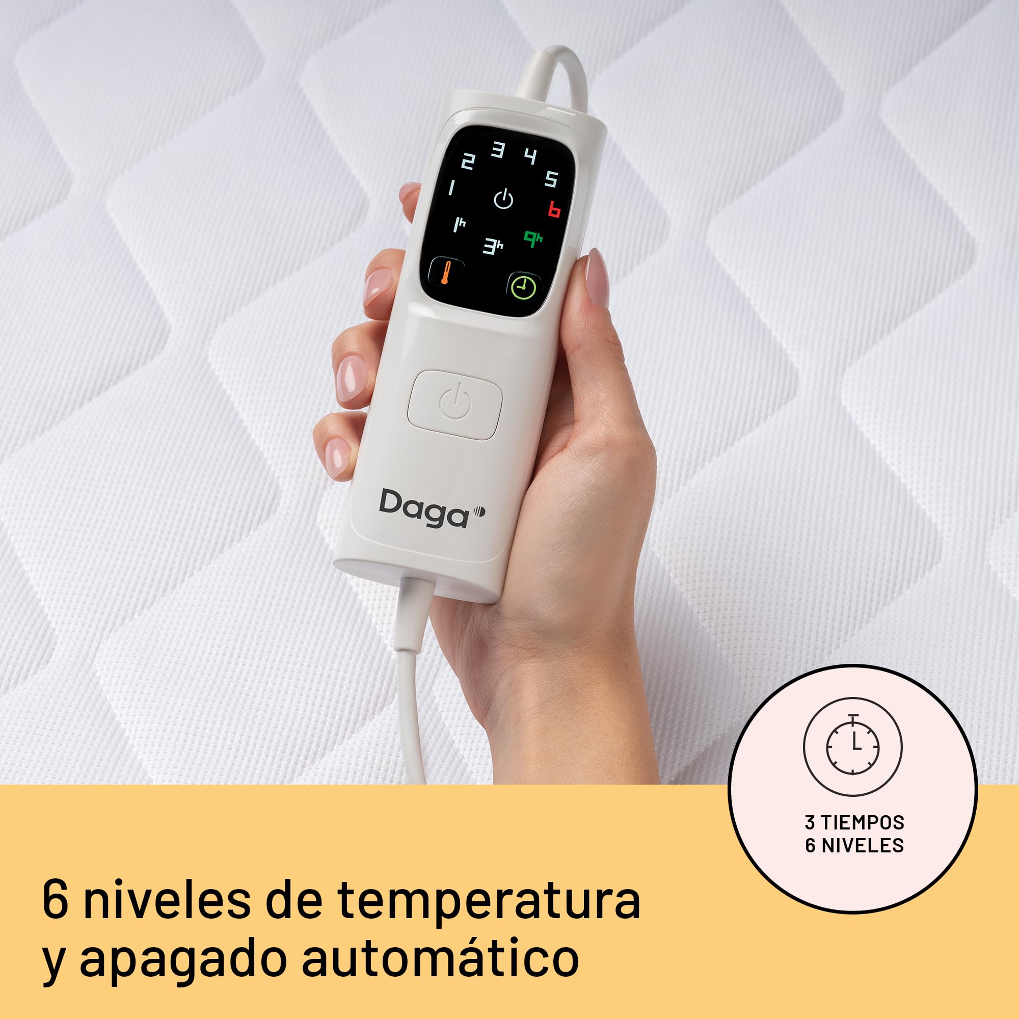 Cubrecolchón Térmico Individual Daga Intellisense 195×90 cm, antialérgico OEKO-TEX, esquinas elásticas, 6 niveles de temperatura, temporizador 1/3/9 h, Electro Block, lavable 30°C, mando extraíble