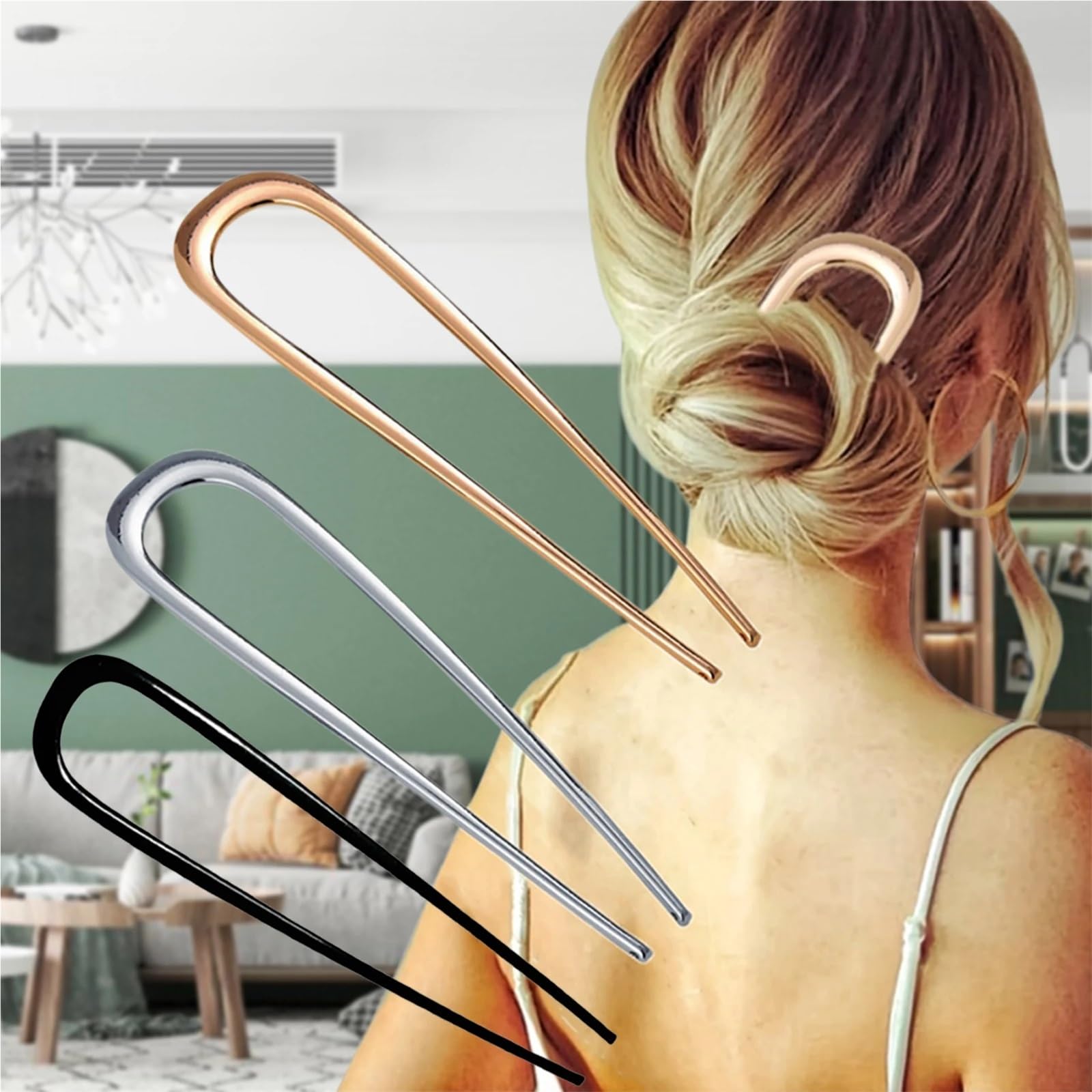Horquillas para el pelo en forma de U, 15 unidades, largas y gruesas, en forma de U: elegantes accesorios para el cabello de aleación dorada y plateada para moño de mujer (plata)