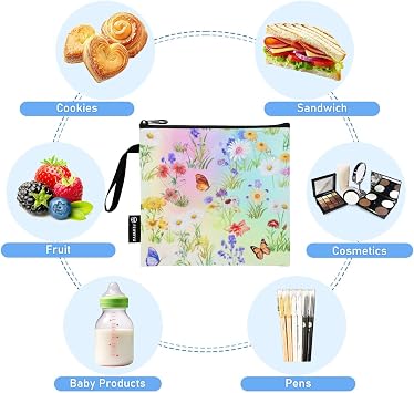Botanical Wildflowers Pastel Sandwich and Snack Bags Reusable Washable Food Storage Bags with Zipper for Students (Set of 3: S/M/L)