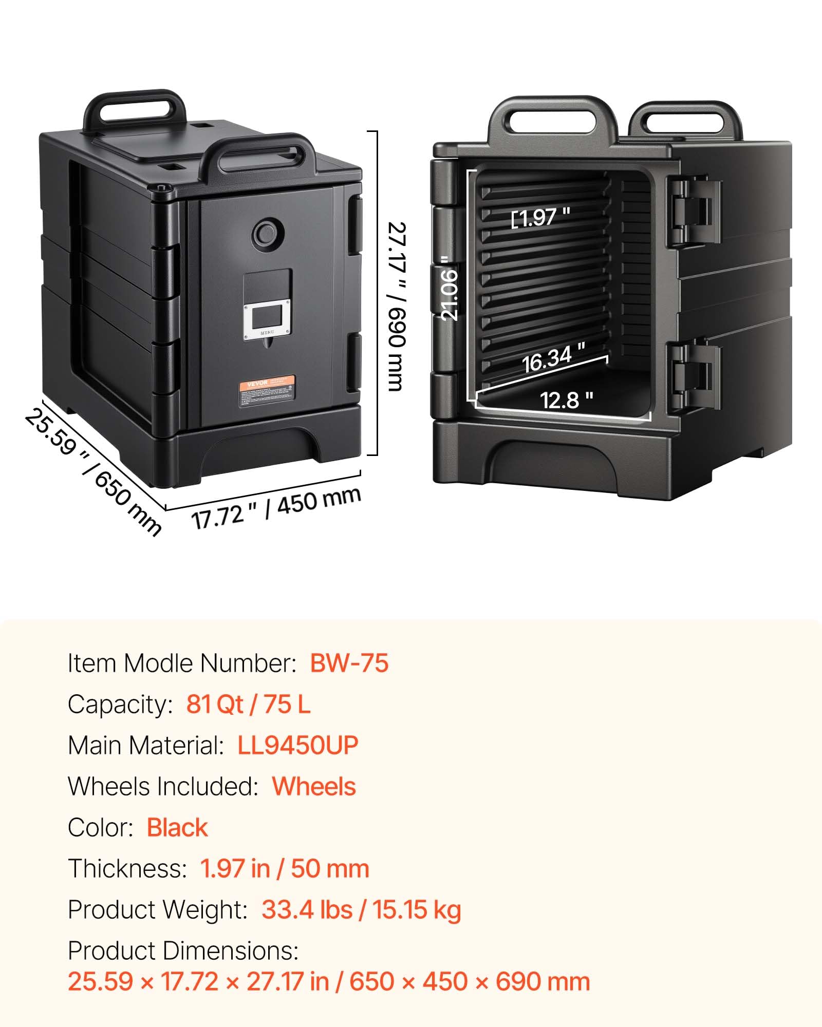 VEVOR Caja Térmica para Alimentos con Aislamiento de 75 L para Catering, con Hebillas Dobles, Calentador de Alimentos de Carga Frontal con Asas, para Restaurantes y Cantinas, 650 x 450 x 690 mm