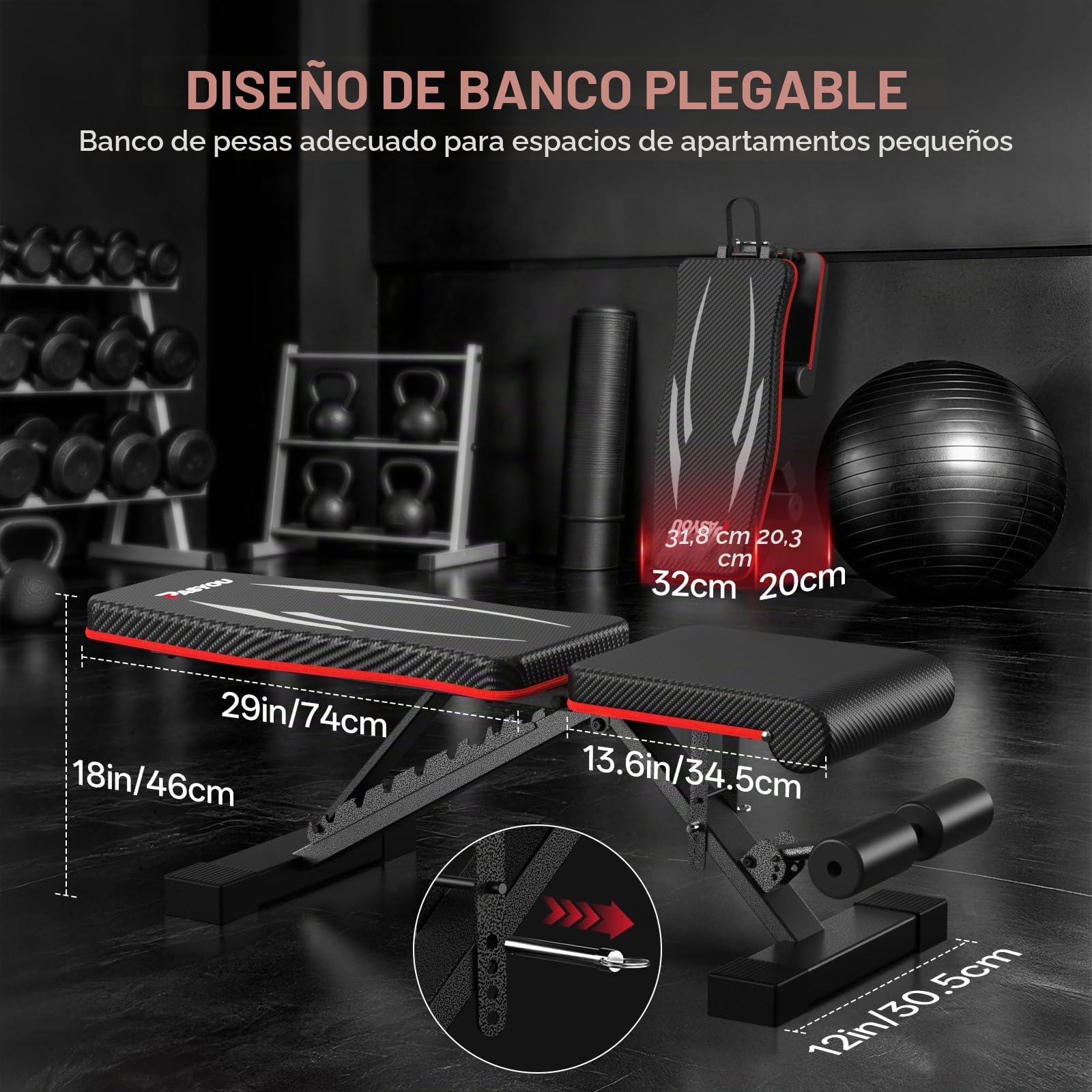 PASYOU Banco de Pesas Plegable, Carga 300kg, Banco de Fitness Ajustable Multifunción para Entrenamiento Cuerpo Completo, Banco Gimnasio con Asas para Casa y Gimnasio (PA350)