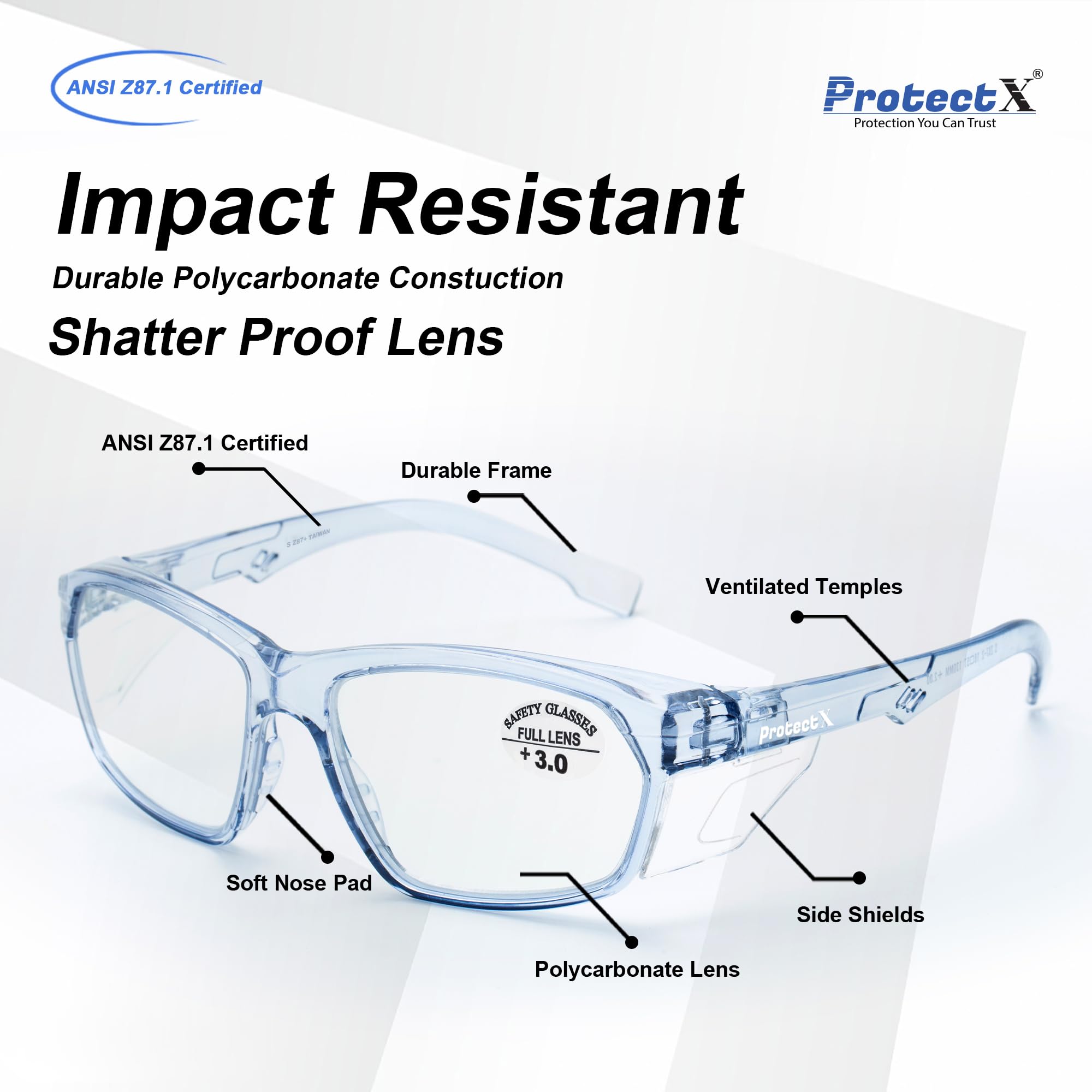 ProtectX Stilvolle Anti-Beschlag- und Kratzschutzbrille mit Lesegeräten, UV-Schutz, leichte Brille für Männer und Frauen