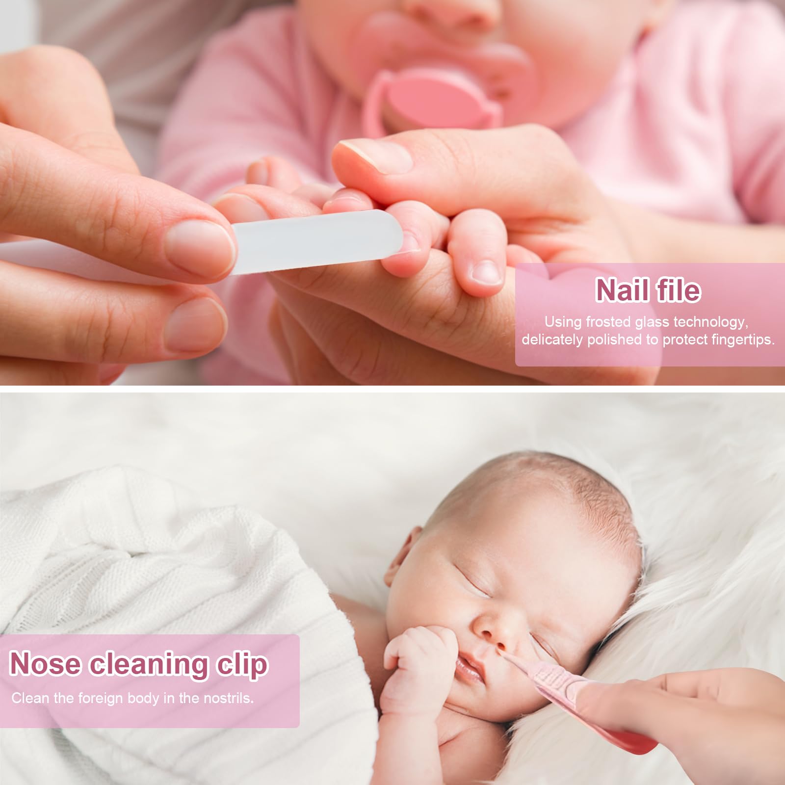Set Manicure e Pedicure per Neonato, Kit Igiene e Cura Bambini 6 Pezzi, Cortaunghie con Spazzola e Pettine per Neo Genitori (Rosa)